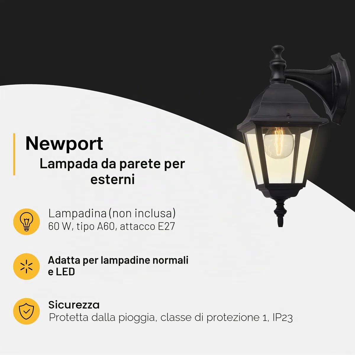 Brilliant 44282/06 Newport - Lampada da esterno in metallo e vetro, E27, 60 W, colore: Nero