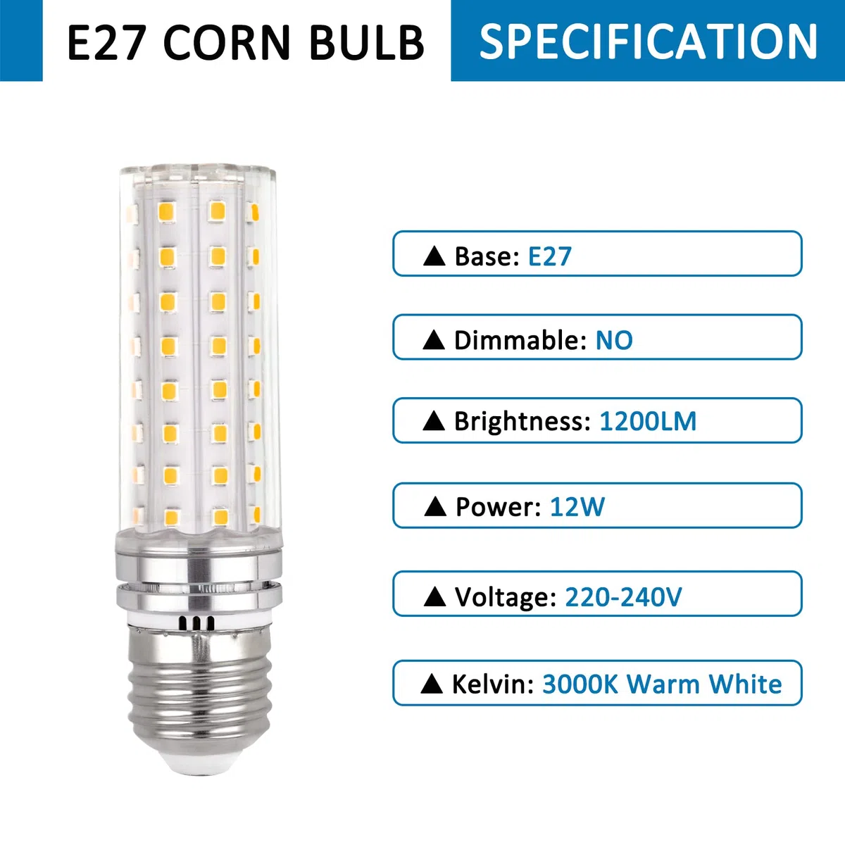 Lampadina Mais E27 LED 12W, 220-240V, Non Dimmerabile, 1200LM Bianco Caldo 3000K, Equivalente 100W Incandescenza, Lampadina LED E27 Mais per Lampadario, Lampada da Tavolo, Lampada da Parete, 6 Pezzi