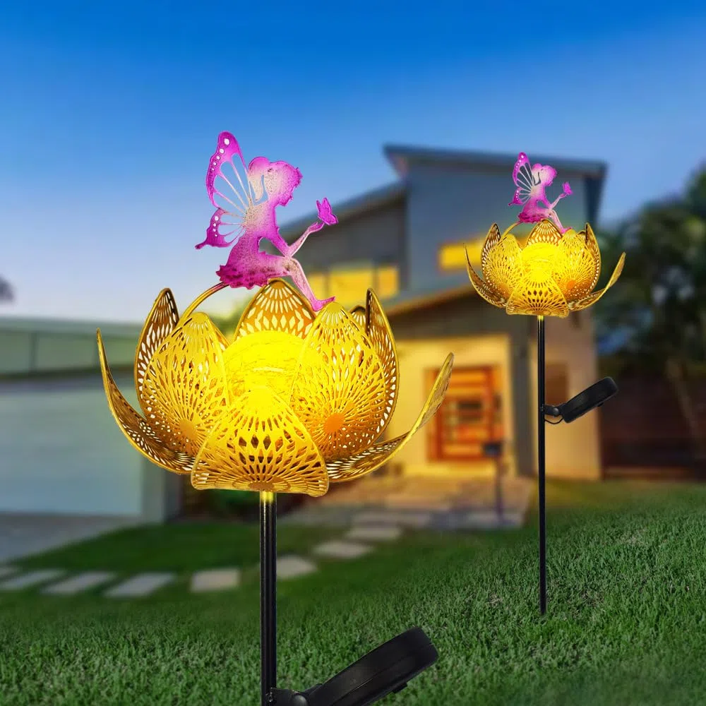 Solare Lotus fata lampada da pavimento, giardino decorazione ferro battuto retro carino elfo lampada da pavimento, tramonto senza fili all'alba luce LED impermeabile.