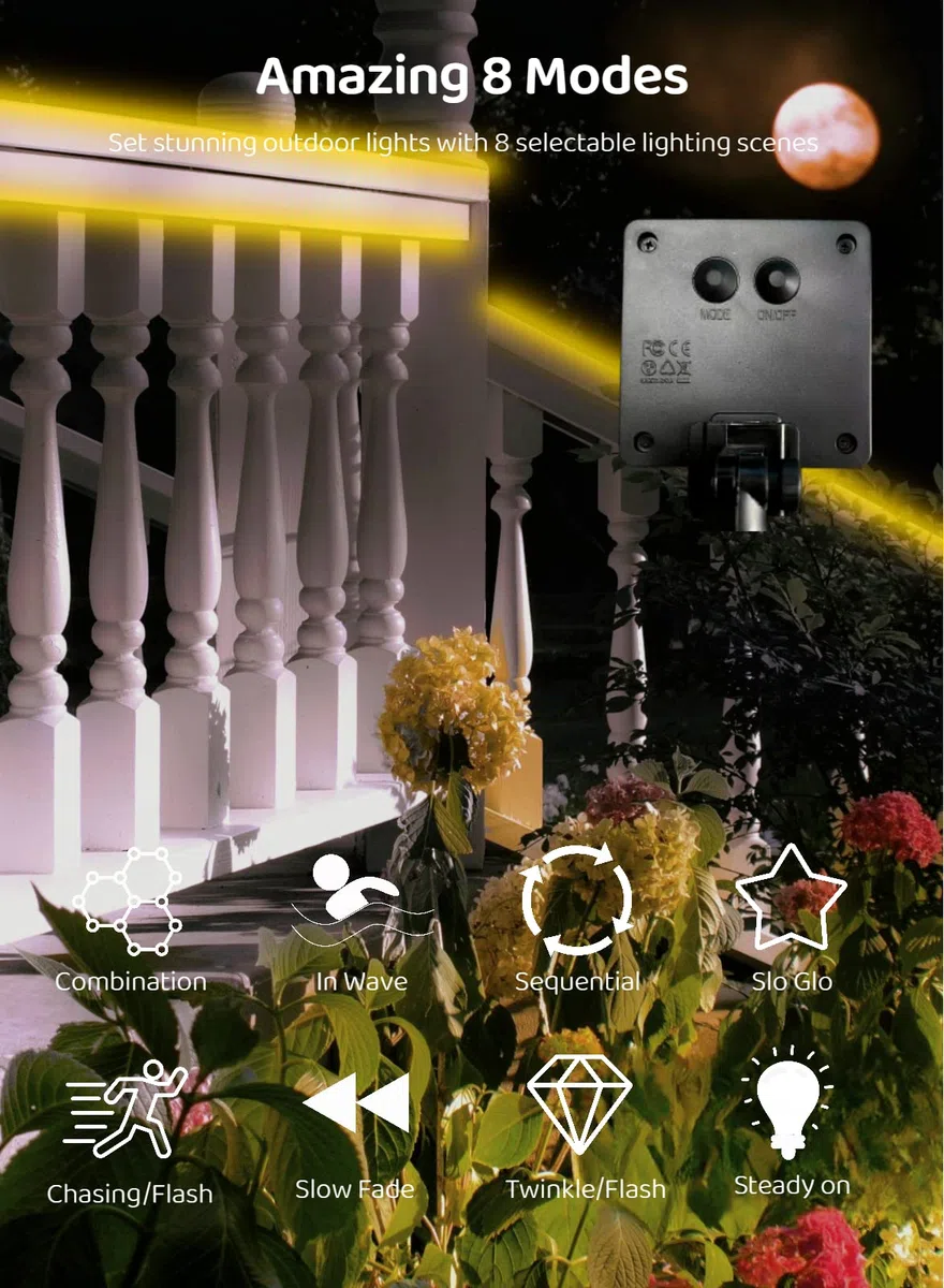Striscia LED Solare da Esterno 5m, Bianco Caldo 2700K Nastri LED Solare per Esterni Autoadesivo con Telecomando, 320 LED, Dimmerabile, 8 Modalità, IP65 Impermeabile, per Giardino, Garage
