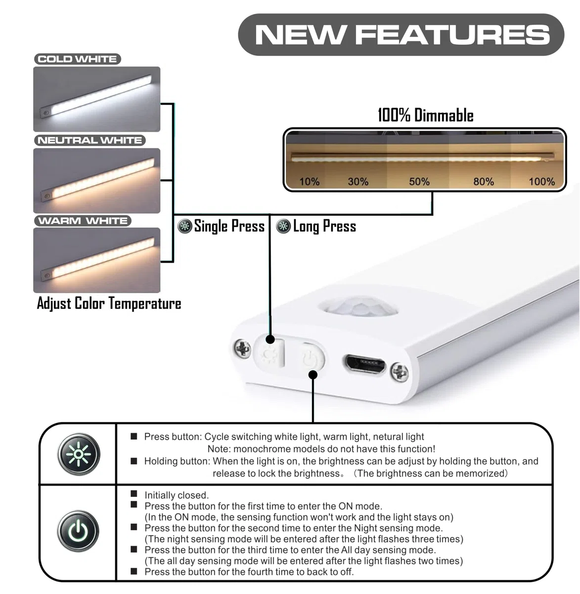 CLAR - Luce LED Sottopensile con Sensore di Movimento, Senza Fili e Ricaricabile, Luce Magnetica per Cucina e Armadio, 10 cm (Pack 2)
