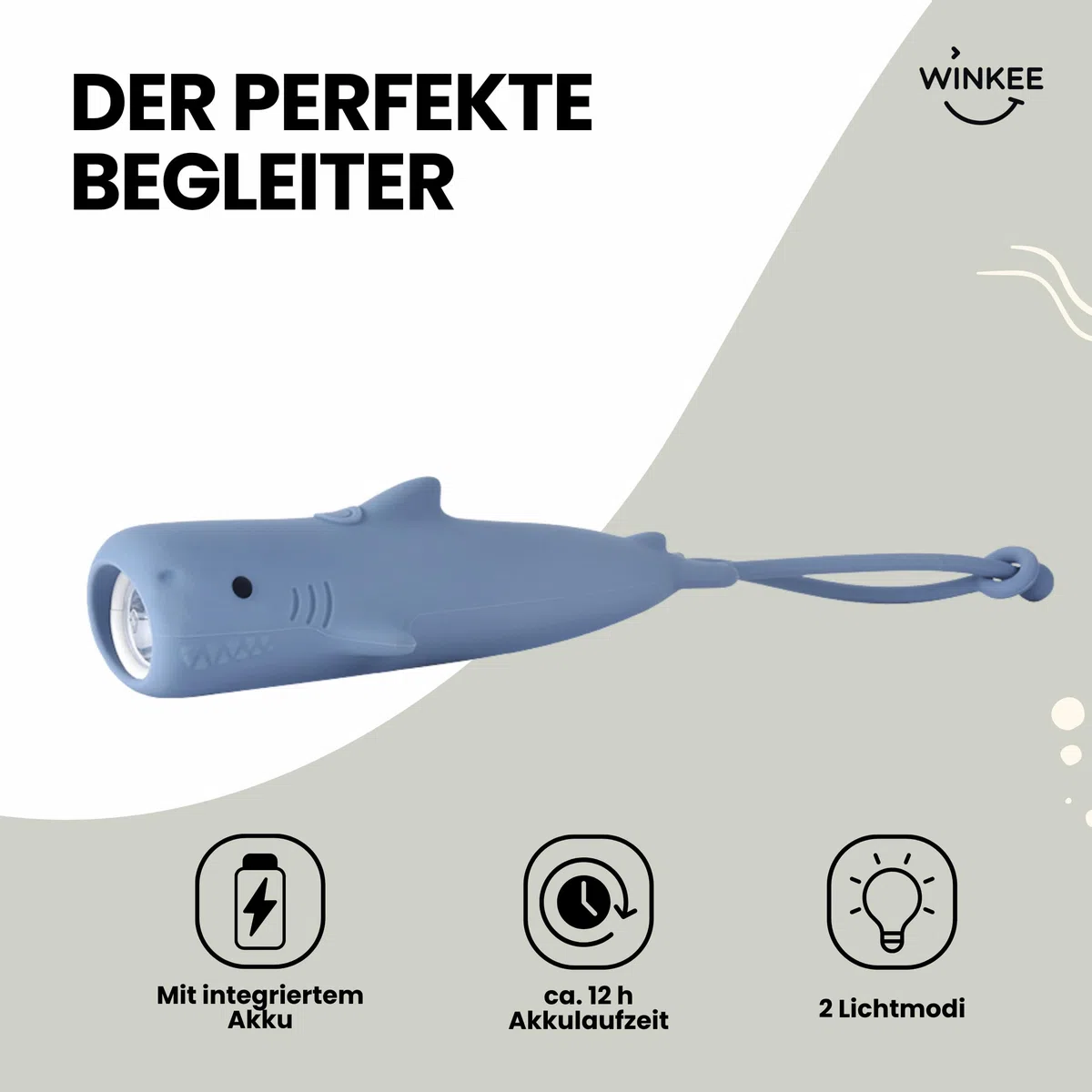 Winkee - Torcia tascabile Hai Hugo I Piccola torcia LED ricaricabile I Con batteria I Circa 12 ore di durata della batteria