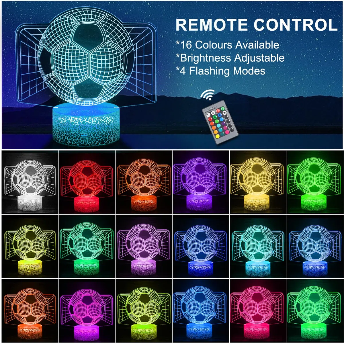 Luce Notturna Calcio per Bambini, Telecomando 16 Cambia Colore Dimmerabile, Lampada da Illusione 3D Luce LED, Regali di Natale per Ragazze Ragazzi Soggiorno Arredamento Camera da Letto