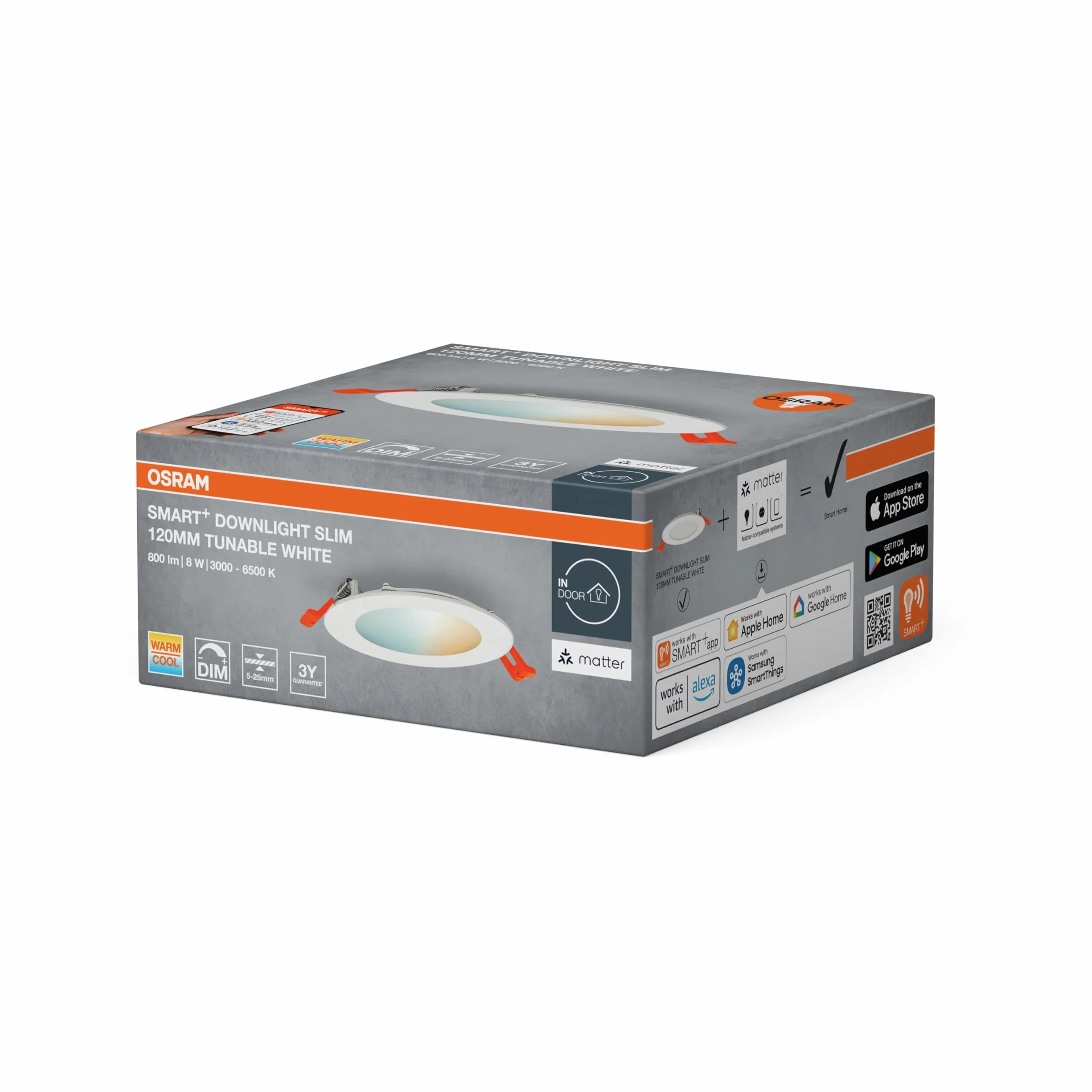 OSRAM SMART+ Matter Recess Slim LED Faretto da Incasso Bianco 120mm, 8W, 550lm, TW 3000-6500K, Matter WiFi, Alexa, Incassato