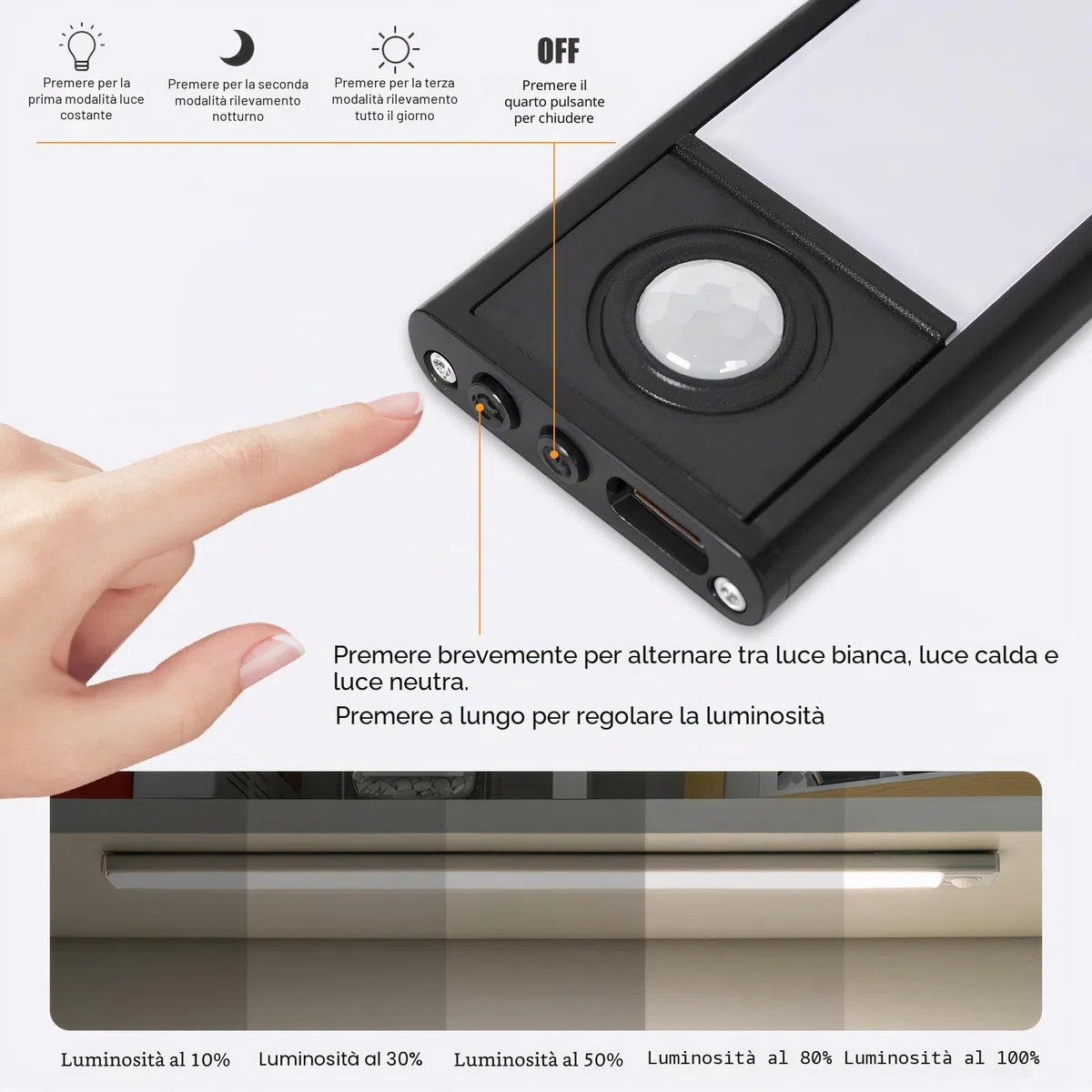Luce Armadio LED con Sensore, Lampada Guardaroba Luce da Esposizione USB, Led Sottopensile Dimmerabile, Luci Notturne LED Armadio Senza Fili, Lampada Magnetica per Cucina Garage Corridoio (Nero)