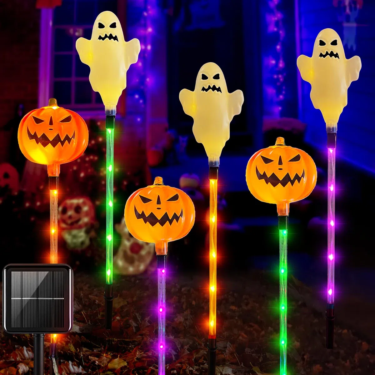Kit di luci solari decorative di Halloween - zucche - fantasmi - illuminazione a LED - lanterna esterna - decorazione per prato, recinzione, portico e balcone
