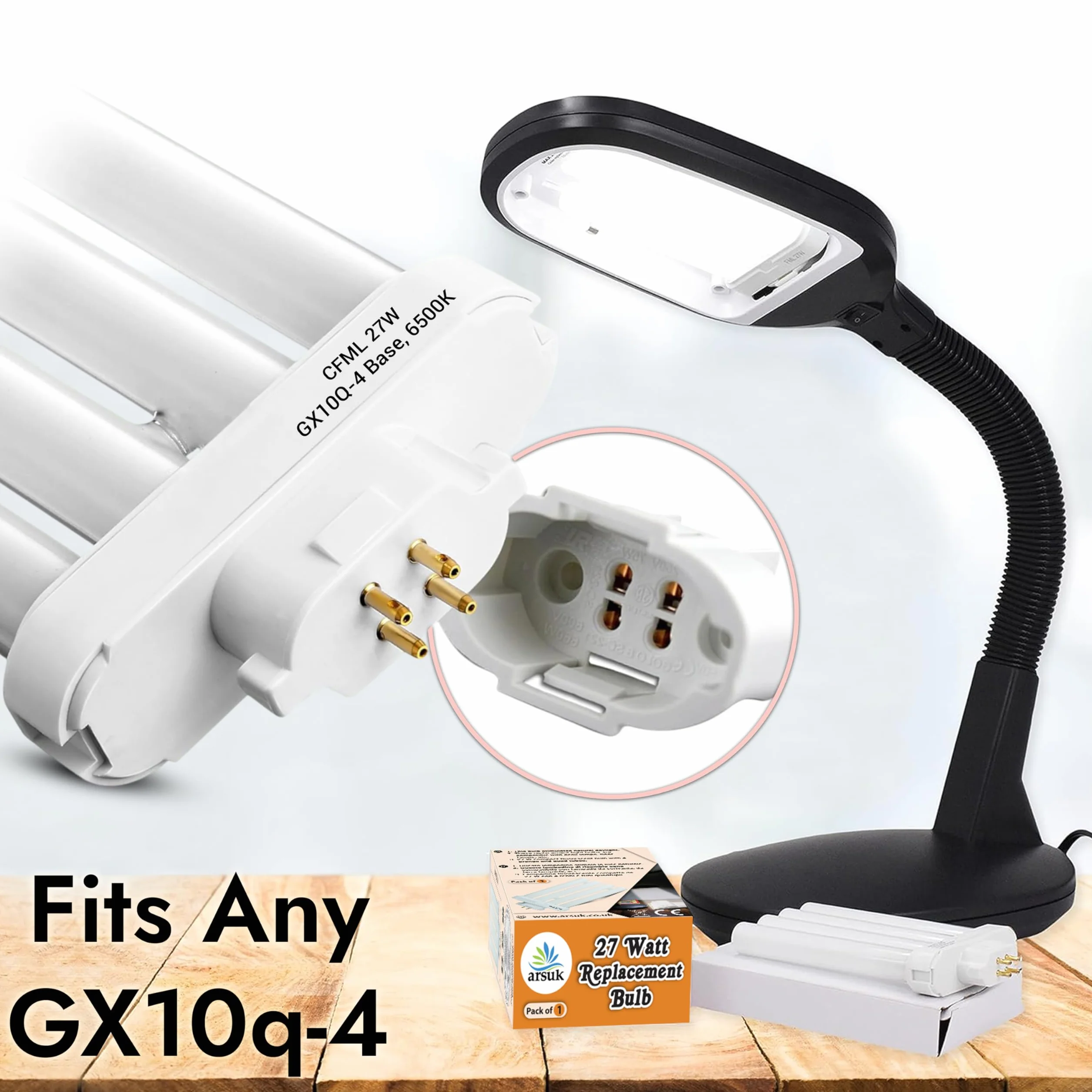 ARSUK Lampadina CFL 27W GX10Q-4 4 Pin 6500K Luce Naturale Bianca | Lampadina di Ricambio per Lampade da Scrivania, Ufficio, Lettura, Studio, Hobby, Manicure, Estetica, Crafting