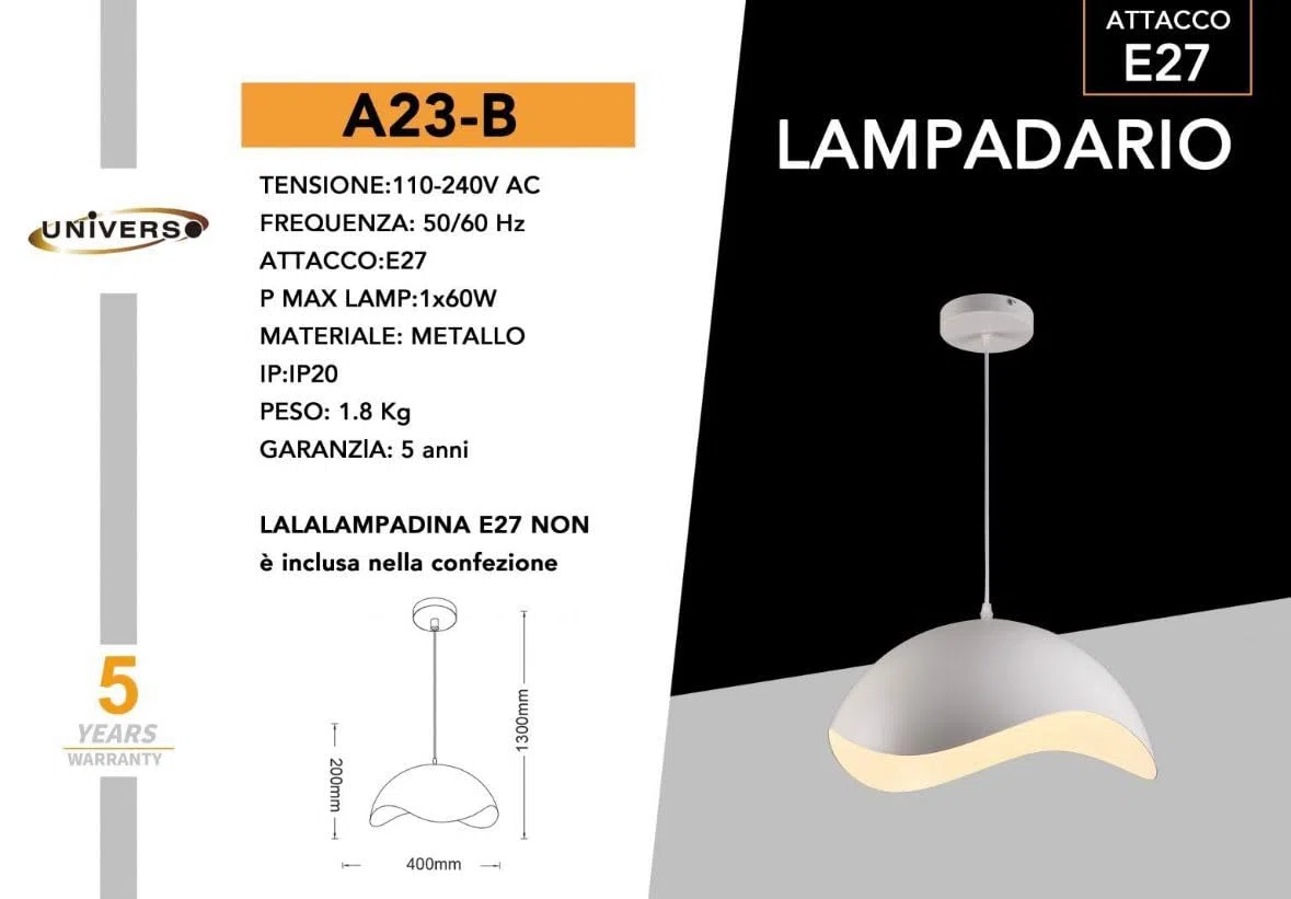 Lampadario a Sospensione Moderno E27 in Metallo Bianco, Design Curvo Elegante per Soggiorno Cucina Camera, Attacco E27 1x60W, Lampadina non Inclusa – A23-B