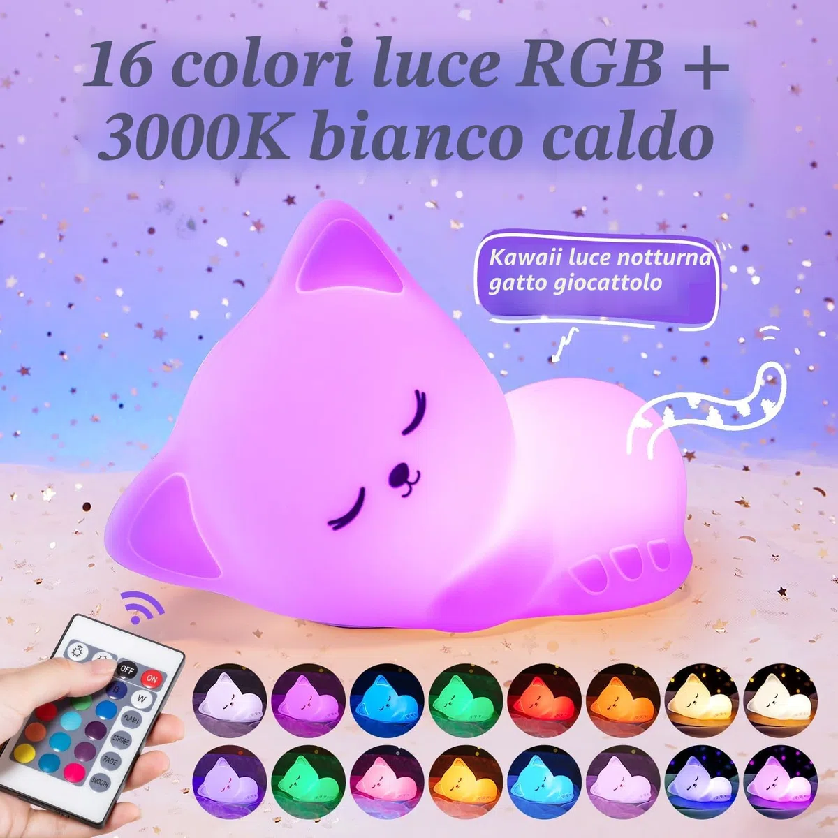 One Fire Luce Notturna Bambini, 16 RGB Colori+Telecomando+Ricaricabile Luce Notturna Bambini, Portatile & Senza Fili, Lampada Gatto Neonato Cameretta