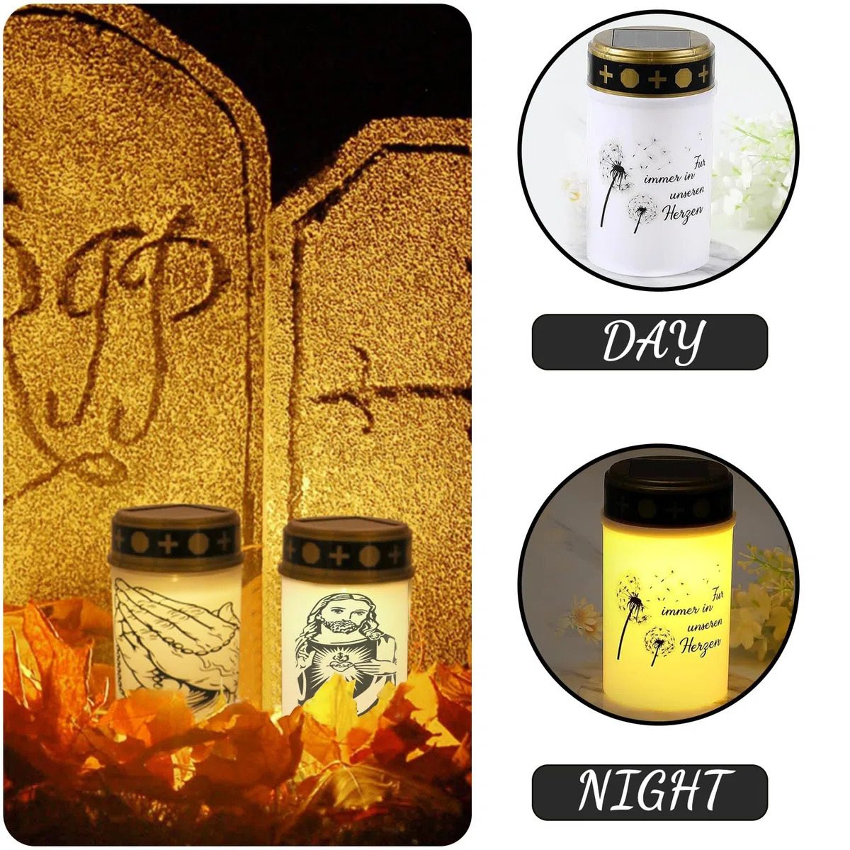 2 Pezzi Lumino Cimitero Solare, Candela LED Cimitero, Luci Votive Cimiteriali Solari, Lumini Cimitero LED Solare, Lampada Tombale Solare, Lampada Votiva con Pannello Solare da Esterno (A)
