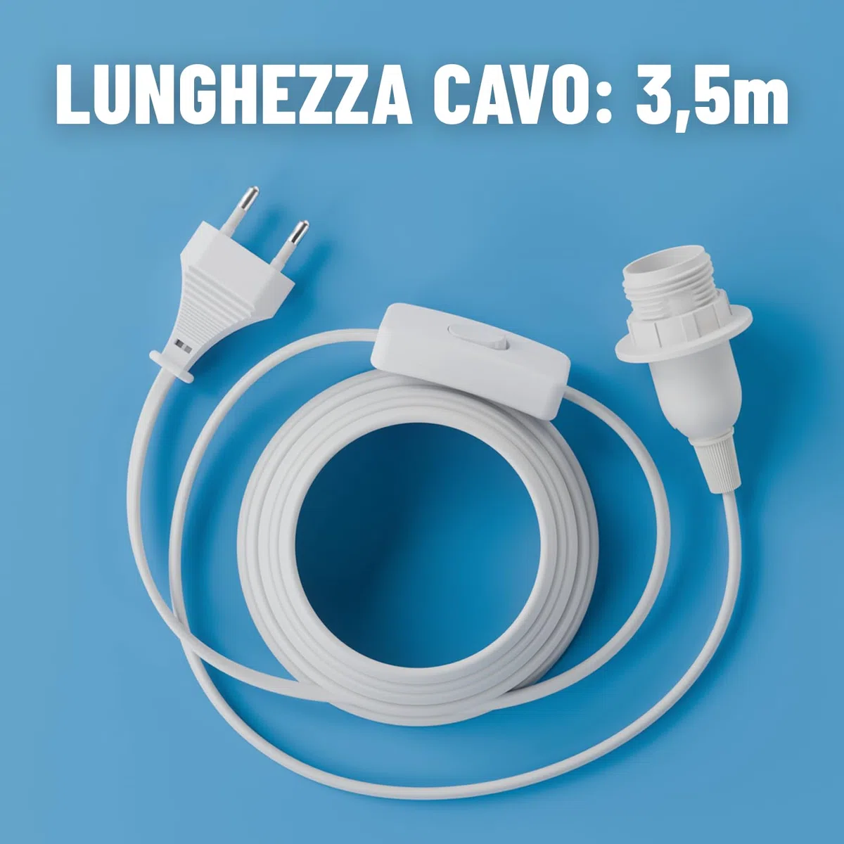 greate Portalampada E14 con cavo e interruttore bianco 3,5 metri - Porta lampadina E14 con spina max. 60W 250V