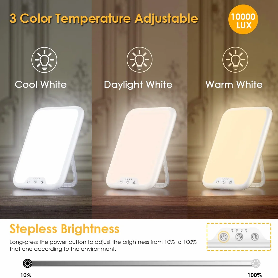Lampada per Terapia della Luce, Lampada di Luce Diurna 10000 Lux UV-Free, con Funzione di Memoria & 4 del Timer Lampada Fototerapia, Controllo Pulsante, 3 Modalità di Colore, Dimmer Continuo
