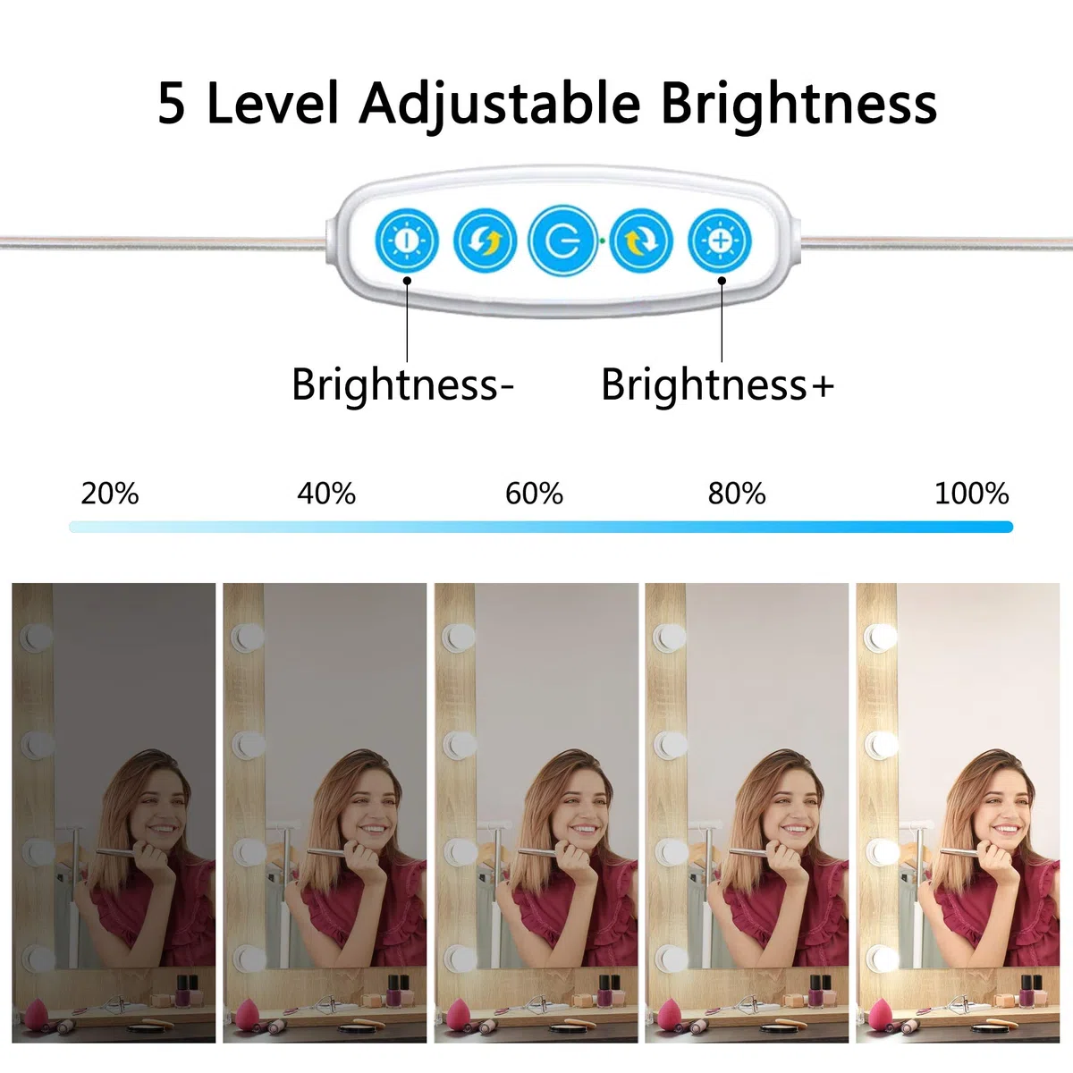 Luci da Specchio da Tavolo per Trucco, LED Stile Hollywood con 10 Lampadine Dimmerabili,5 Livelli di Luminosità e 3 Modalità Colore, con Porta USB,3200K-6500K