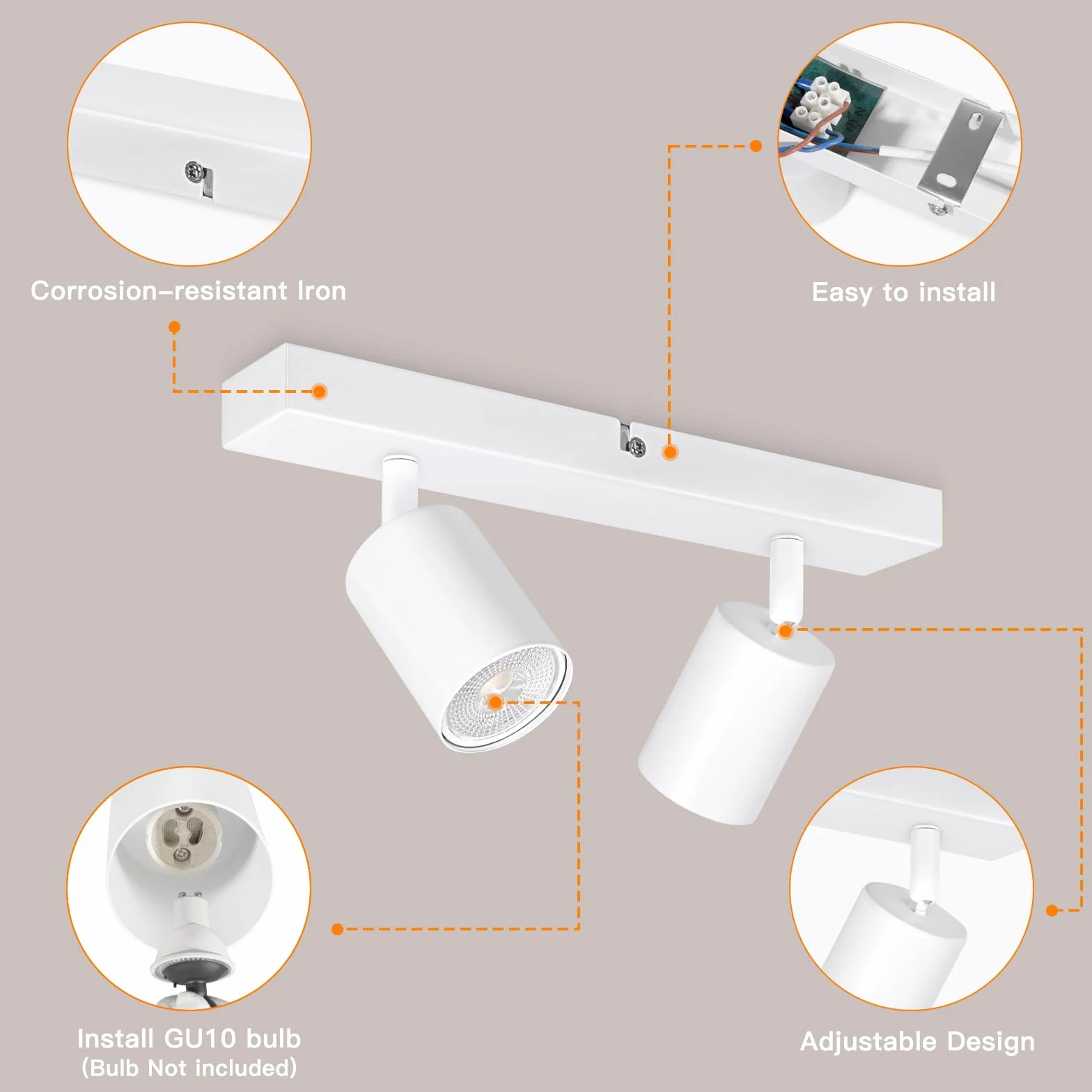 Ketom Lampada Faretti da Soffitto Orientabili, GU10 Faretti LED da Soffitto Bianco, Moderna Plafoniera LED Faretti 2 Luce, Faretto da Parete Interno per Barra, Cameretta, Cucina, Senza Lampadina