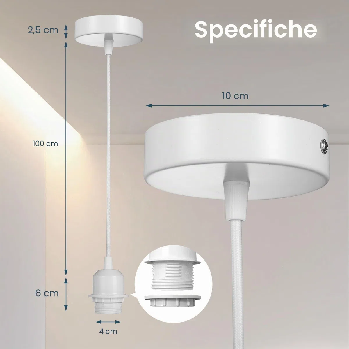 Linkind Portalampada E27 in Metallo, Lampada a Sospensione con Cavo(100CM Altezza Massima Regolabile) e Anello Filettato, Portalampada Compatibile con Paralume(Bianco)