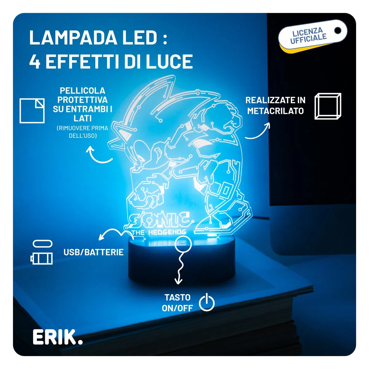 Grupo Erik Lampada Sonic - Lampada da Comodino o da Tavolo LED Gaming con Cavo USB o Batterie AAA | Luce Notturna Bambini 17 x 20 x 5,5 cm