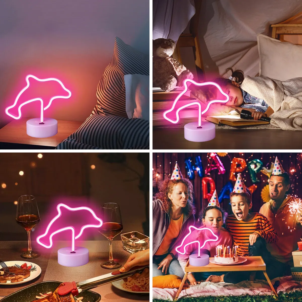 Aslanka Luce notturna a LED con delfino – USB/batteria, luce al neon per camera da letto, decorazione per bambini, decorazione del salone di anniversario (rosa)