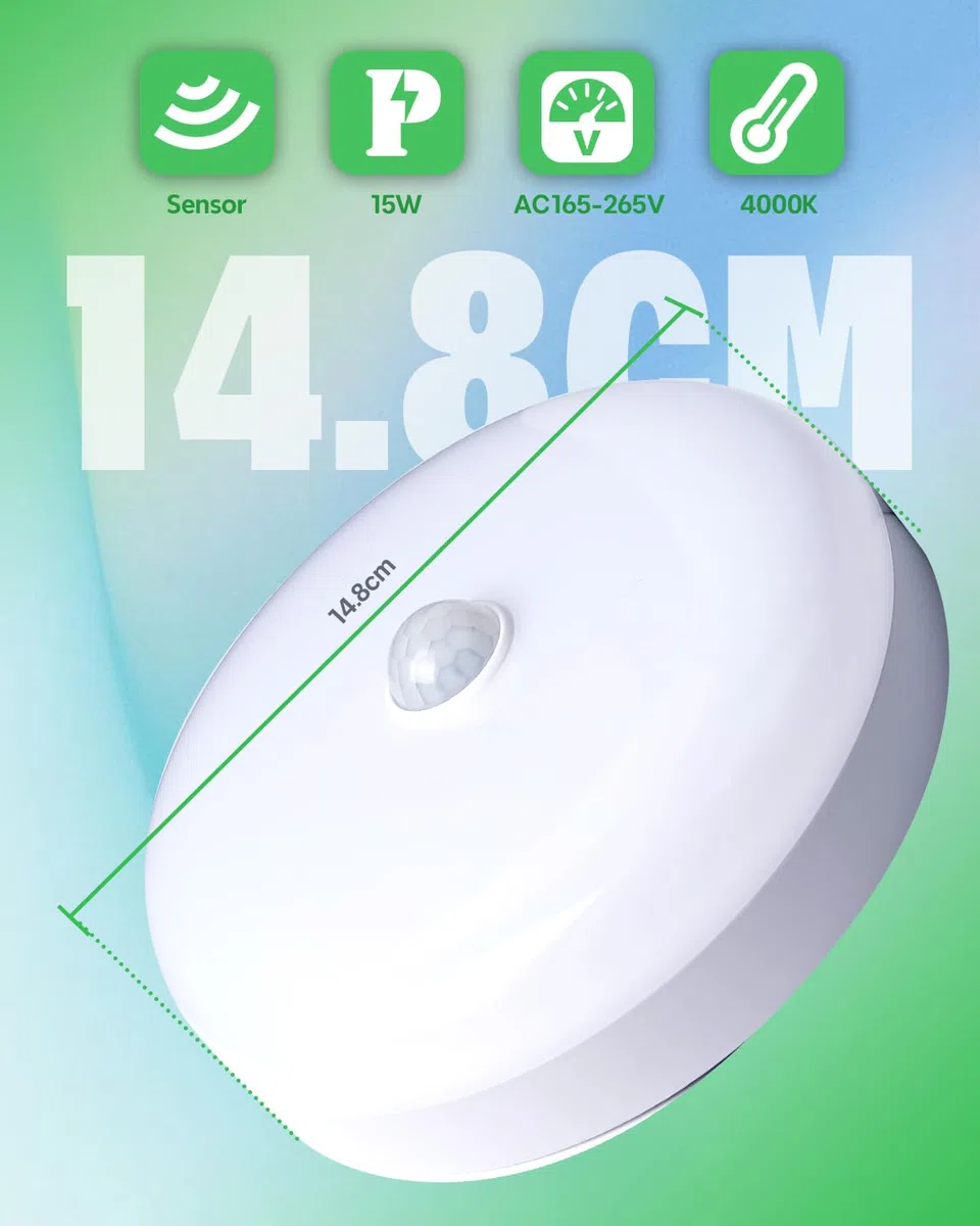 Plafoniera con Sensore di Movimento,15W Rotonda Lampada LED Soffitto Pannello Interno Plafoniere Sensore Bianco Naturale 4000K,IP56 Impermeabile per Scala Interna Esterna Garage Corridoio