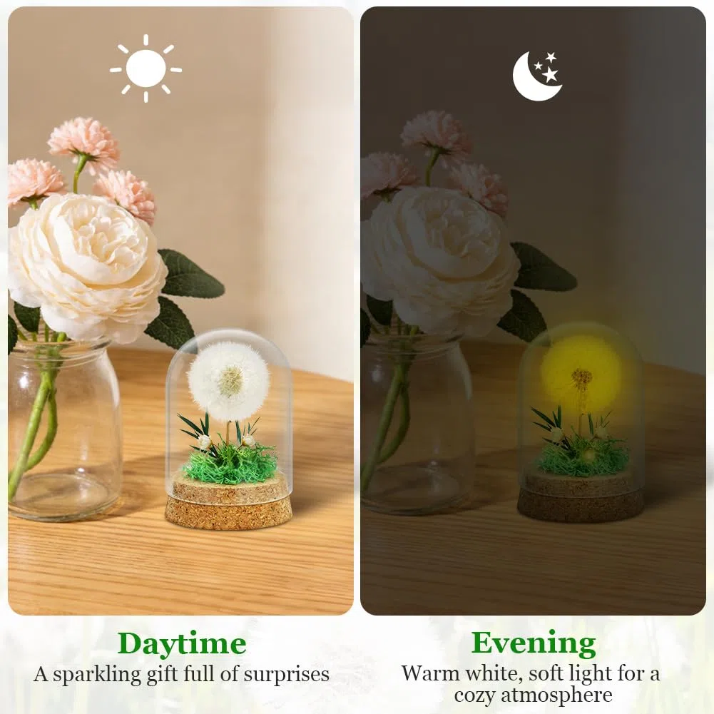 Vero Dente di Leone in Vetro, Regali Decorativi in Vetro con Catena Luminosa a LED, Conservato in Modo Permanente, Fiore Soffione Regali per Compleanno, Matrimonio, Natale, per Mamma, Amica