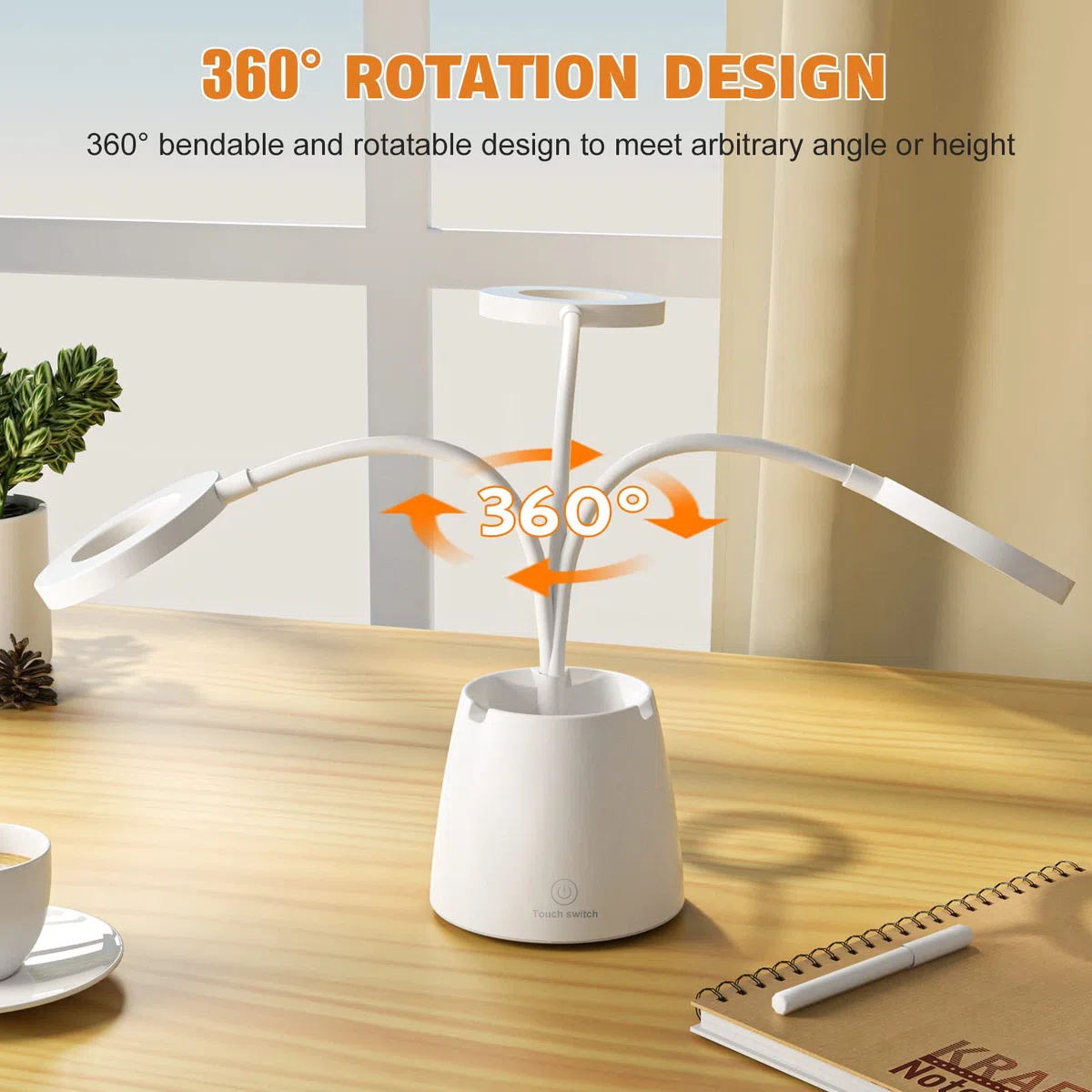 Lampada da Scrivania LED, Lampada da Tavolo con Occhi-Cura, Lampada da Lettura Dimmerabile con 3 Modalità di Illuminazione, Lampada Scrivania Ricaricabile Girevole con Portapenne