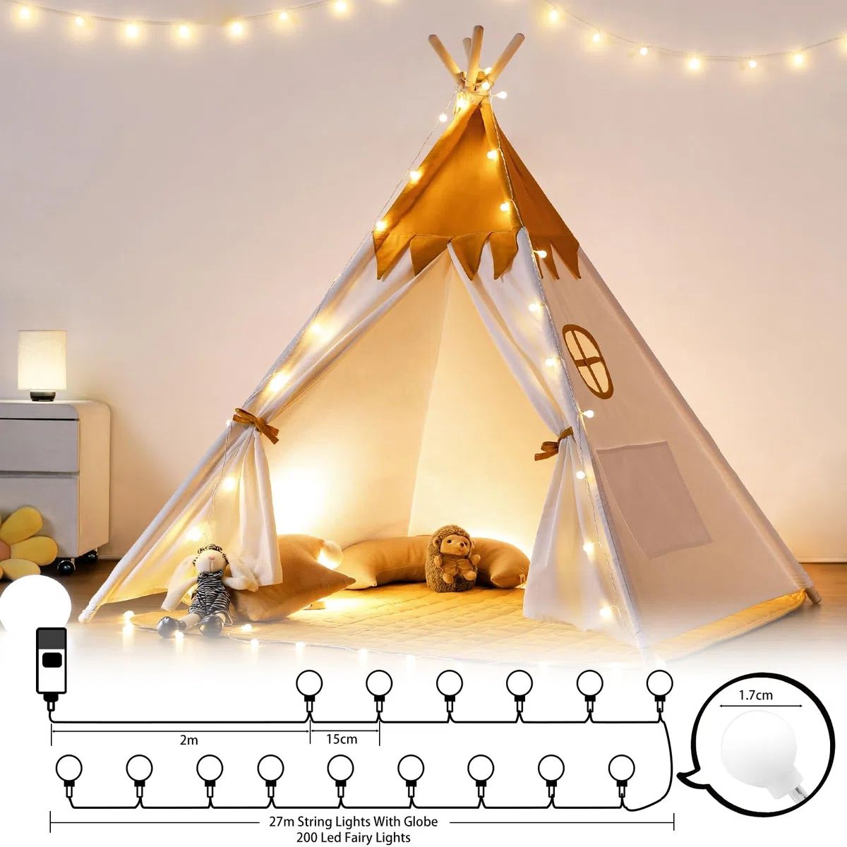 Sprifityy Catena luminosa per esterni, 27 m, 200 LED, a batteria, con timer e 8 modalità, IP42, impermeabile, ideale per stanze, illuminazione da giardino, feste, terrazze, balconi