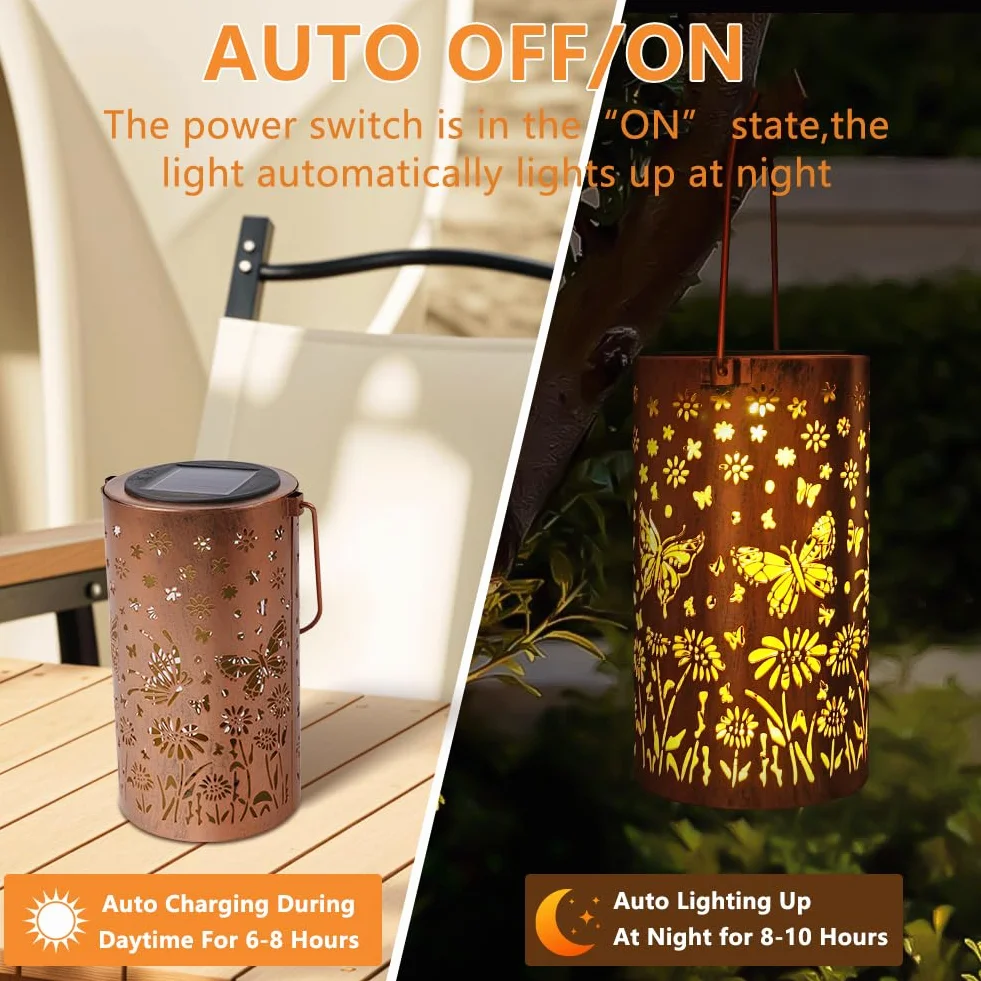 HOTUT Lanterna Solare da Esterno, Lampada Solare da Giardino in Metallo con Farfalla Sospesa, IP65 Impermeabile LED Lanterne di Farfalla, Appendibile Decorative Lanterna per Giardino Terrazza Balcone