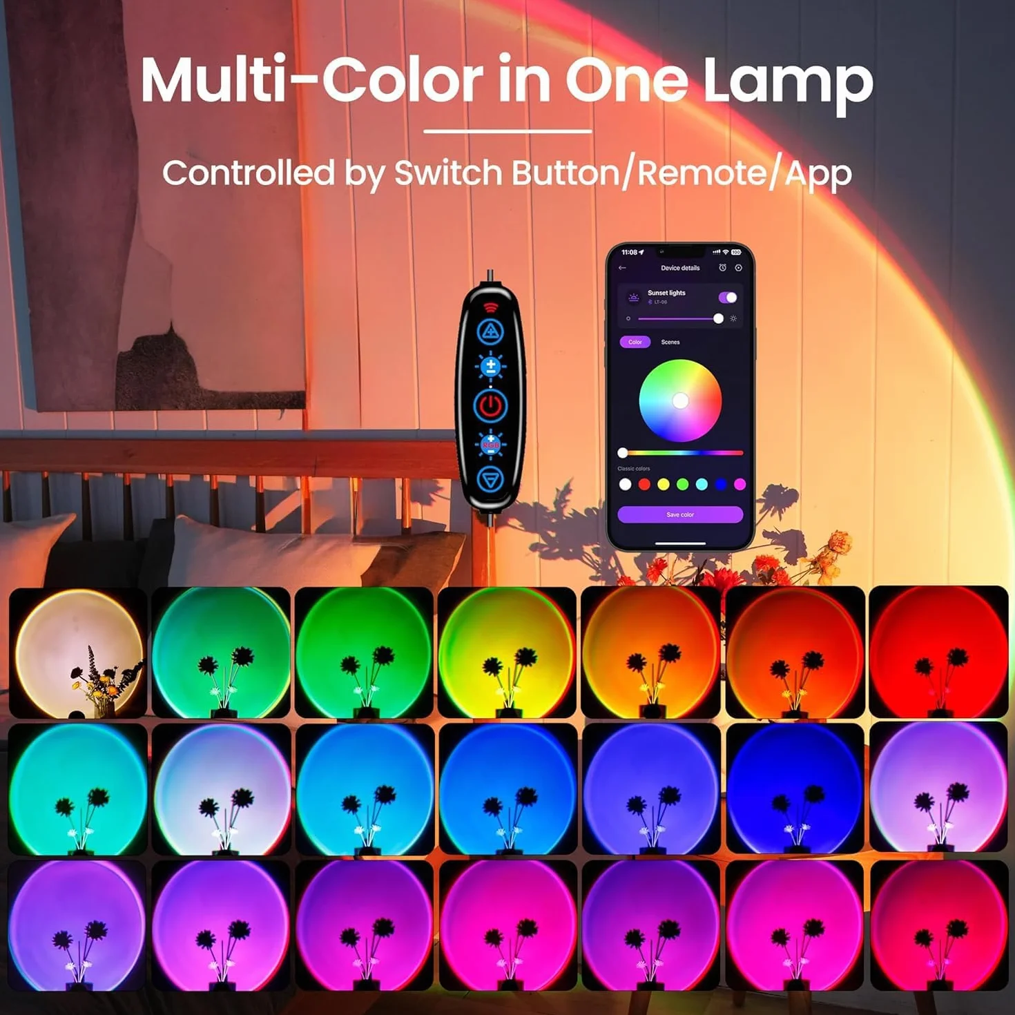 Kangtaixin Sunset Lamp - Lampada da Tramonto RGB – Controllo App, Connettore USB, Proiettore LED Girevole a 360°, Luce D'atmosfera Romantica, Adatta per Fotografia, Selfie, Decorazione del Soggiorno