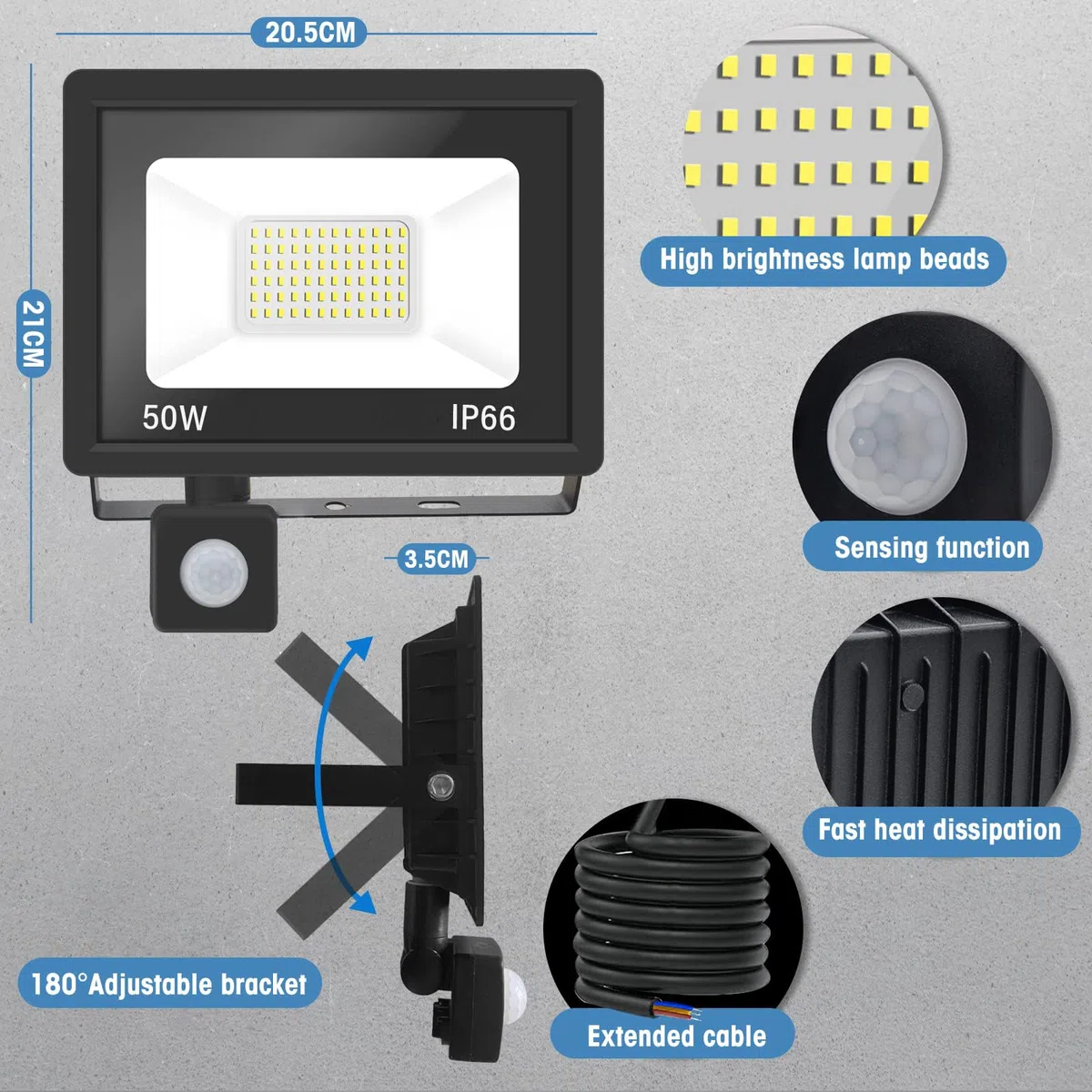 Faretto LED da Esterno Con Sensore di Movimento 50W Bianco Caldo 3000K IP66 Impermeabile 5000LM per Cortile, Giardino