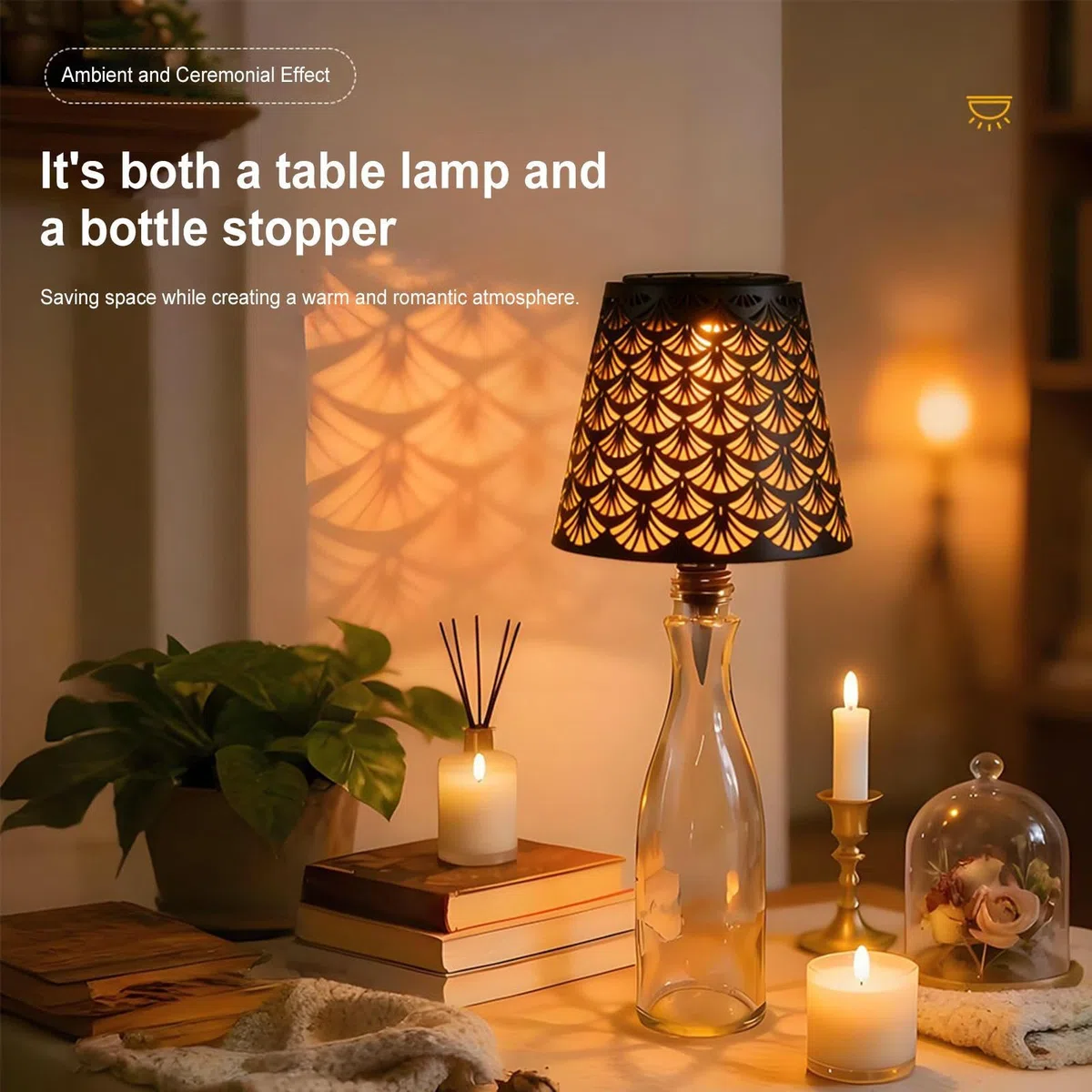 Lampada senza fili – Cordless Lampshade, Whiskey Bottle Top Light, Bottles Stopper Night Light Kit, Solar Powered Hollow Shadow Projection Glow | Bottles Lamp Light's For Party Christmas Table
