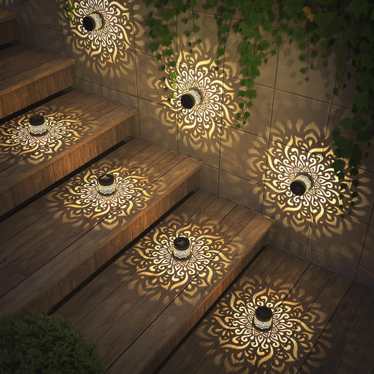 gardencave Confezione da 2 lampade solari per recinzione in metallo, alimentate ad energia solare, per esterni, lampade da parete per gradini della terrazza, tema mandala, impermeabili, luce per