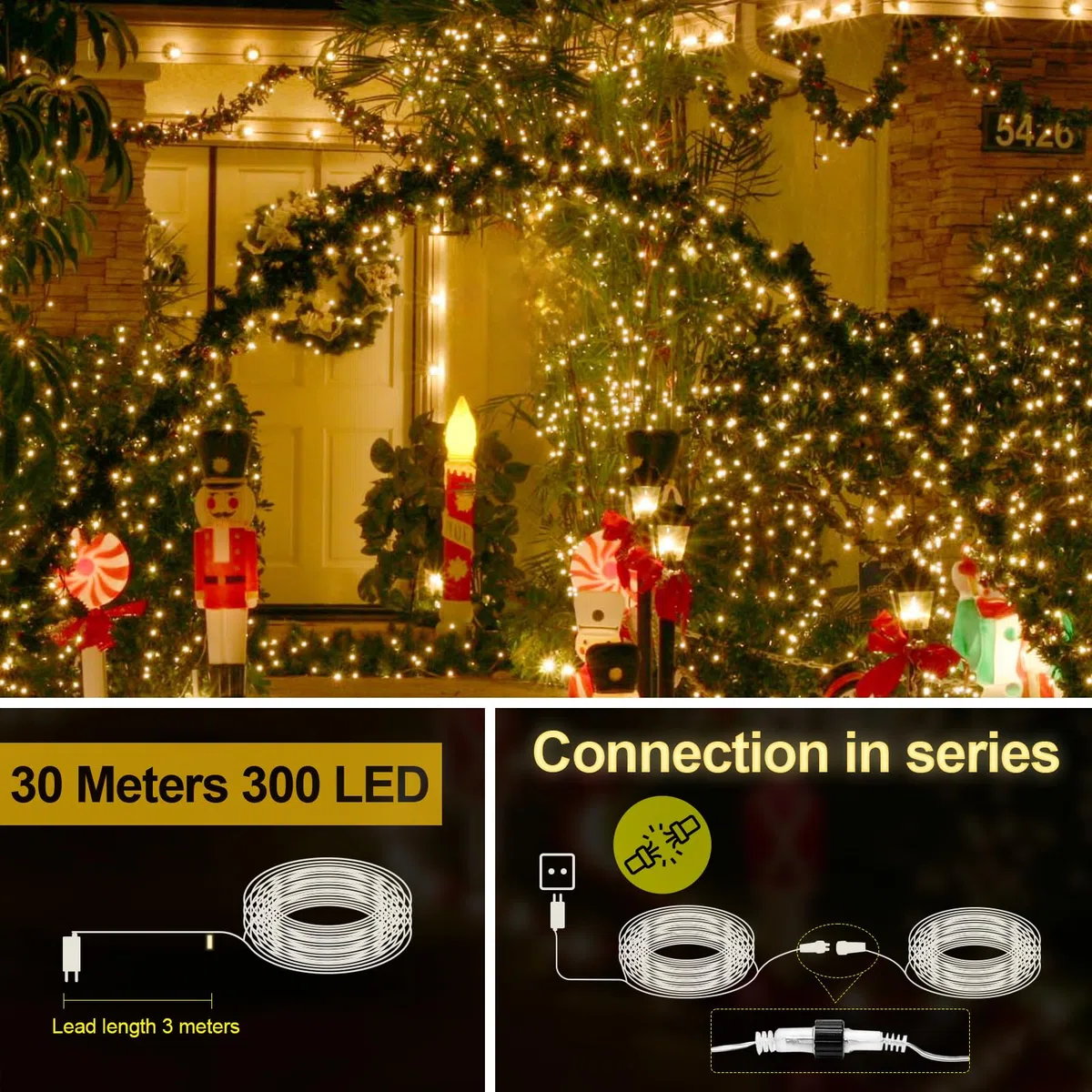 Uping Luci Natale Esterno Luci Albero di Natale Interno 300 LED 30M Catena Luminosa Bianco Caldo Lucine Decorazioni Natalizie Casa Giardino
