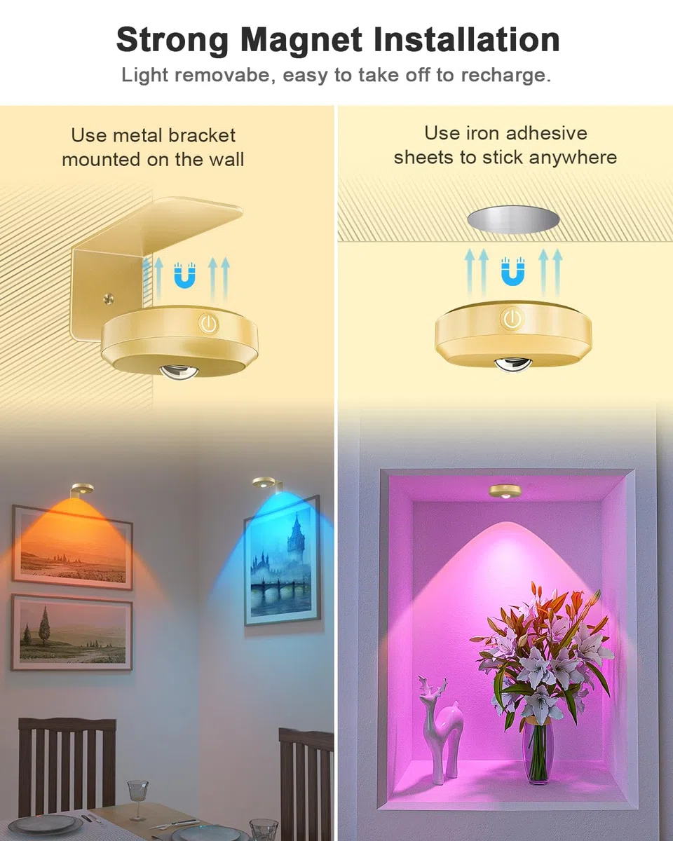 WILLED Luce Per Quadri Senza Filo Ricaricabile, RGB Faretto per Quadri a Batteria, Applique LED da Parete, Quadri Lampada, Applique Quadro Luci per Esposizione Pittura Vetrina（3 Pezzi, Oro）