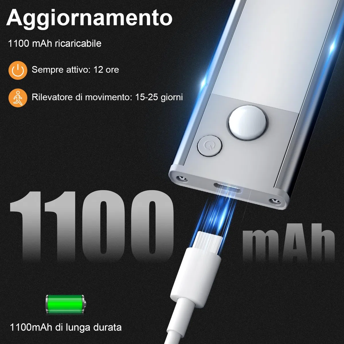 Luce-LED-Sottopensile-Cucina-Luci-Sensore-Batteria-Armadio-Lampada-Ricaricabile Magnetica Movimento Senza Fili Striscia Lampade Barra USB Interno Strisce Light Adesive Sotto Pensile Illuminazione