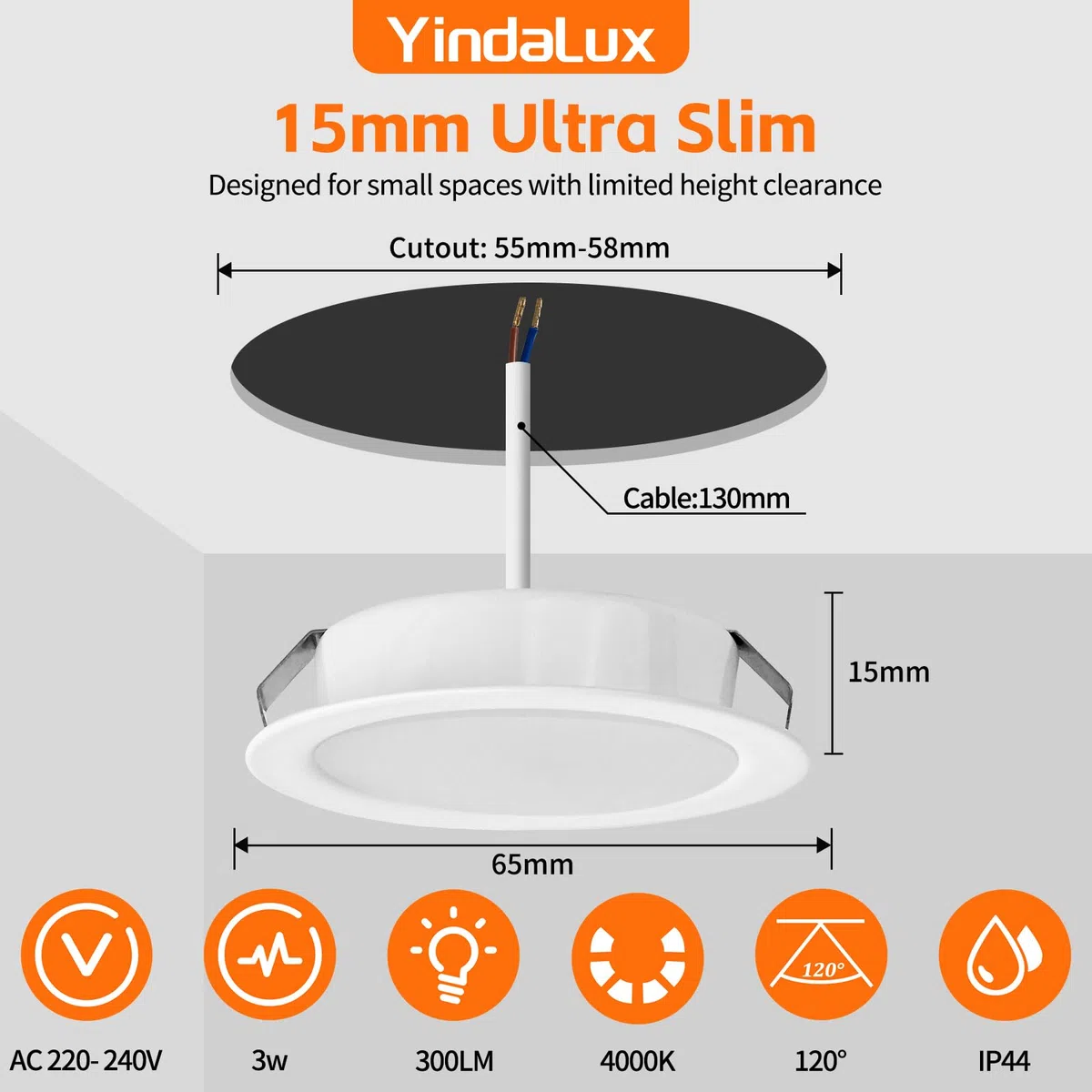 YindaLux Set di 3 Faretti LED da Incasso 230V 3W 4000K Neutro, 15mm Ultra Piatti per Cartongesso, 300LM Apertura Soffitto 55-58mm, IP44 Soffitto, Bianco