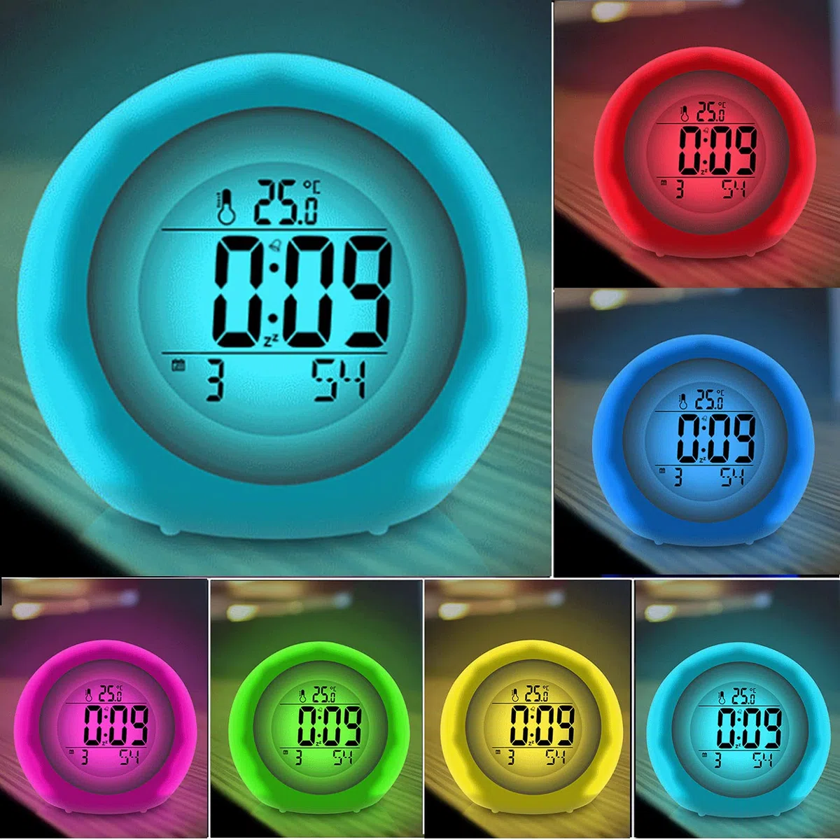 Kids Alarm Clock, sveglia per bambini, 7 colori che cambiano la luce per ragazzi e ragazze, funzione snooze, 8 suonerie, 12/24 ore, controllo one-tap, visualizzazione della temperatura interna