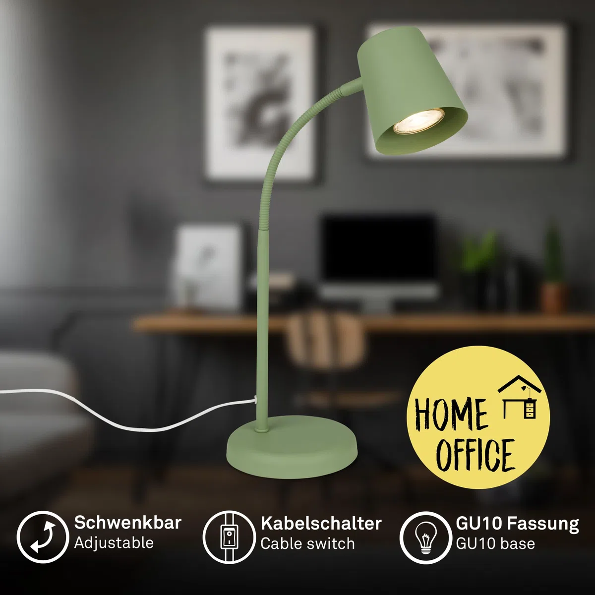 BRILONER - Lampada da comodino, lampada da scrivania orientabile, lampada da tavolo GU10 per ufficio con interruttore a cavo, lampada da lettura, 9W, 130x385mm (DxA), metallo, verde lime