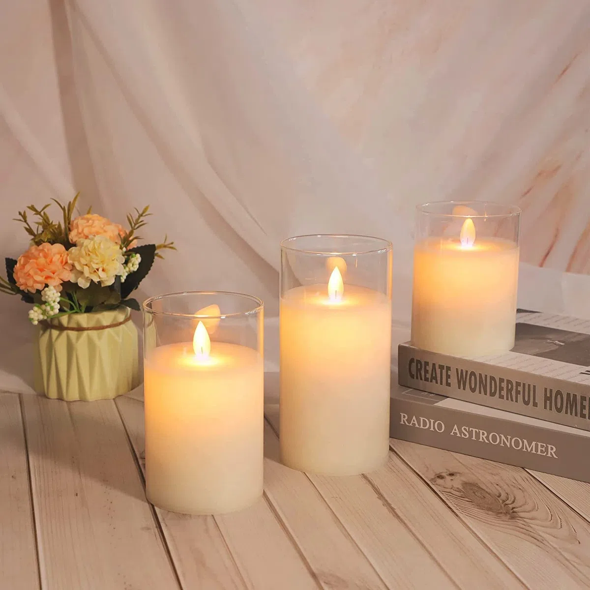 Candele LED, Flickering Flameless Candele, Candele LED a Ricaricabile con Glass, Candele con Telecomando, Realizzato in Vera Paraffina, Funzione Timer 24 Ore per Decorazione,Festa, Vacanze-15cm Bianco