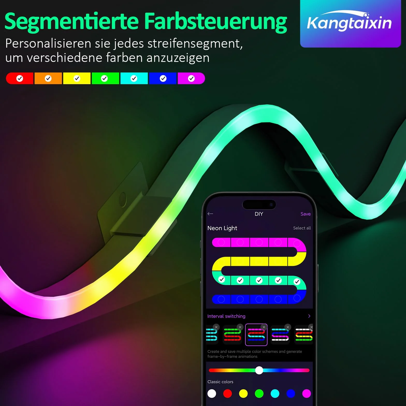 Kangtaixin Neon Striscia LED 3 Metri, Silicone Luci al Neon Flessibile Funziona con APP, DIY Forma, Sincronizzazione Musica, Camera, Cortile, Giardino, Patio, Gaming, Festa Decorazione