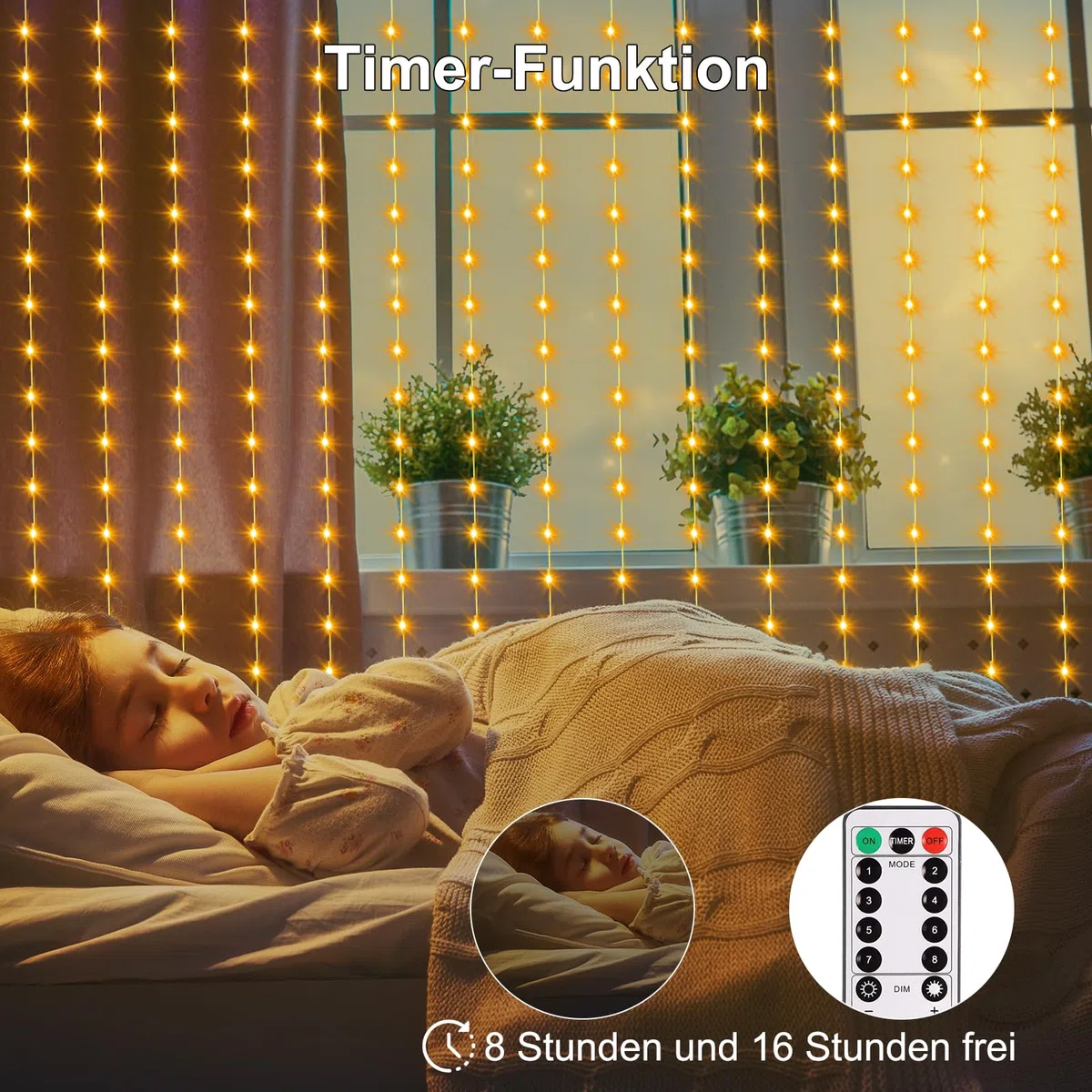 DBFAIRY Tenda luci fiabesche 2x2m 200 LED tenda luci fiabesche 8 modalità LED luci fiabesche telecomando timer luminosità regolabile per festa di Natale decorazione interna ed esterna (bianco caldo)