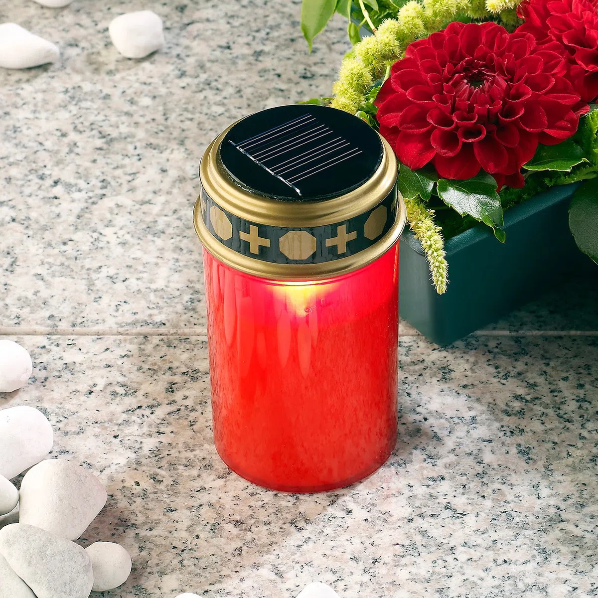 Pearl fari da Lavoro: Set da 2 Pezzi Luci LED solari per cimitero, con Luce Continua, Candlelight-LED, Pannello Solare (Lampada Solare per Tomba, Luce Tomba con Lanterna, Candela)