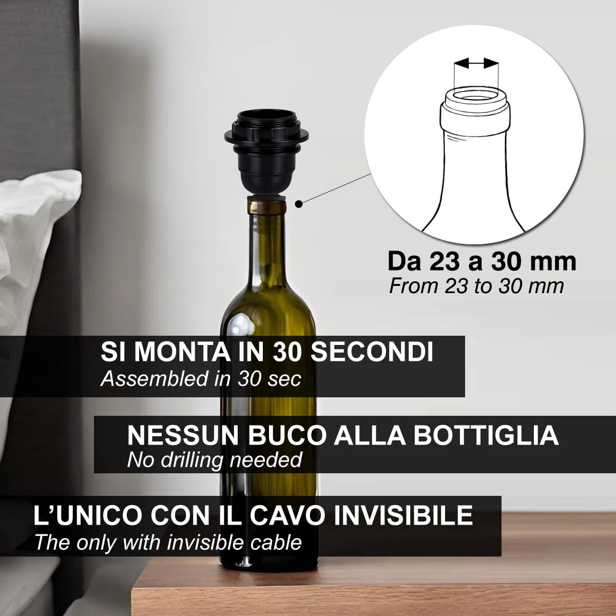 Big Size | Portalampada E27 Trasforma Bottiglie in Lampade in 30 secondi, Bottiglia con foro da 23 a 30 mm, per Magnum - per Kit Lampada Bottiglia (1 pcs)