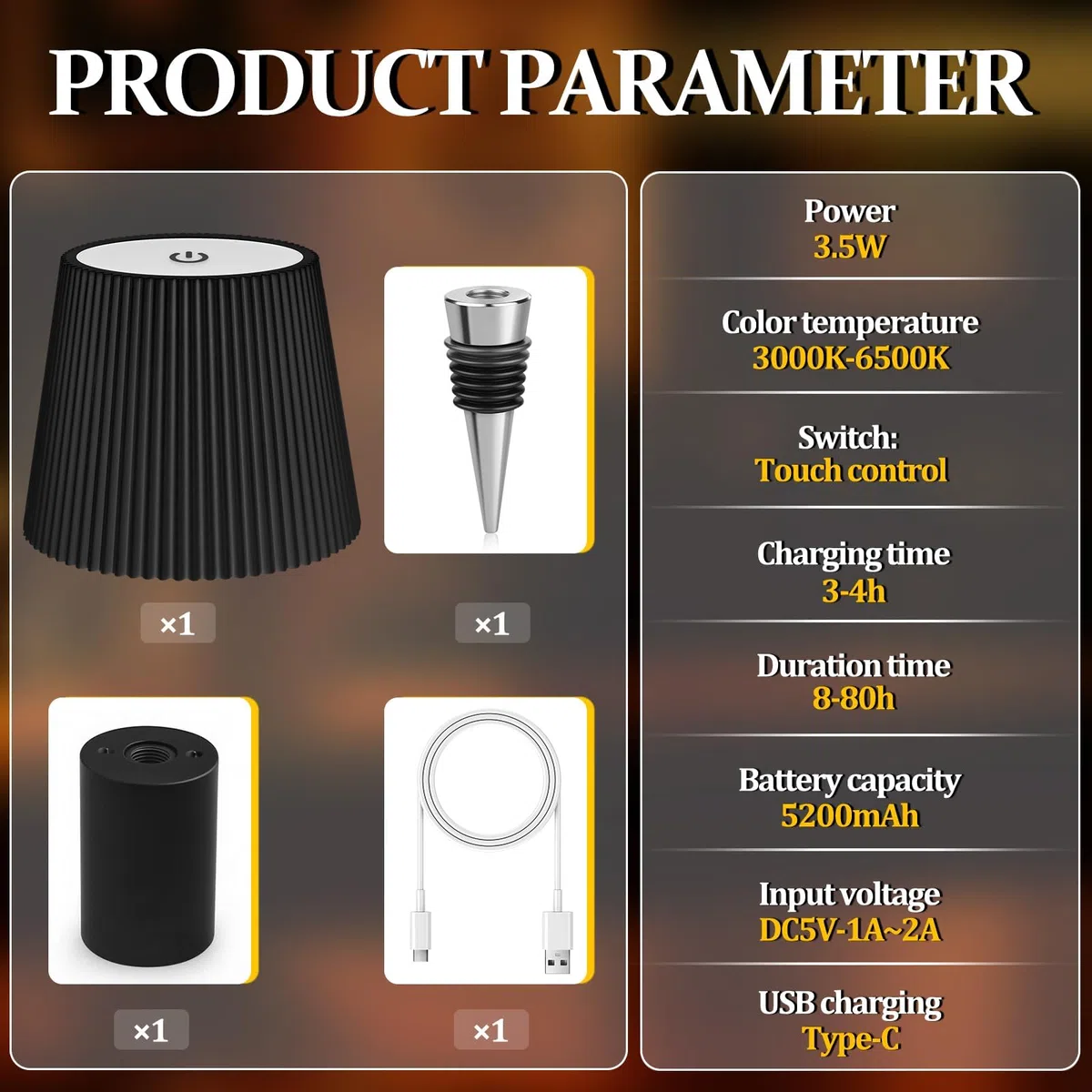 Lampada A Bottiglia Senza Fili, 3 Modalità Regolabili Di Temperatura Colore, Touch, Grado Di Protezione IP54, Ricarica Wireless USB, Lampada Tavolo Per Ristoranti, Camera Da Letto, Giardino (Nero)