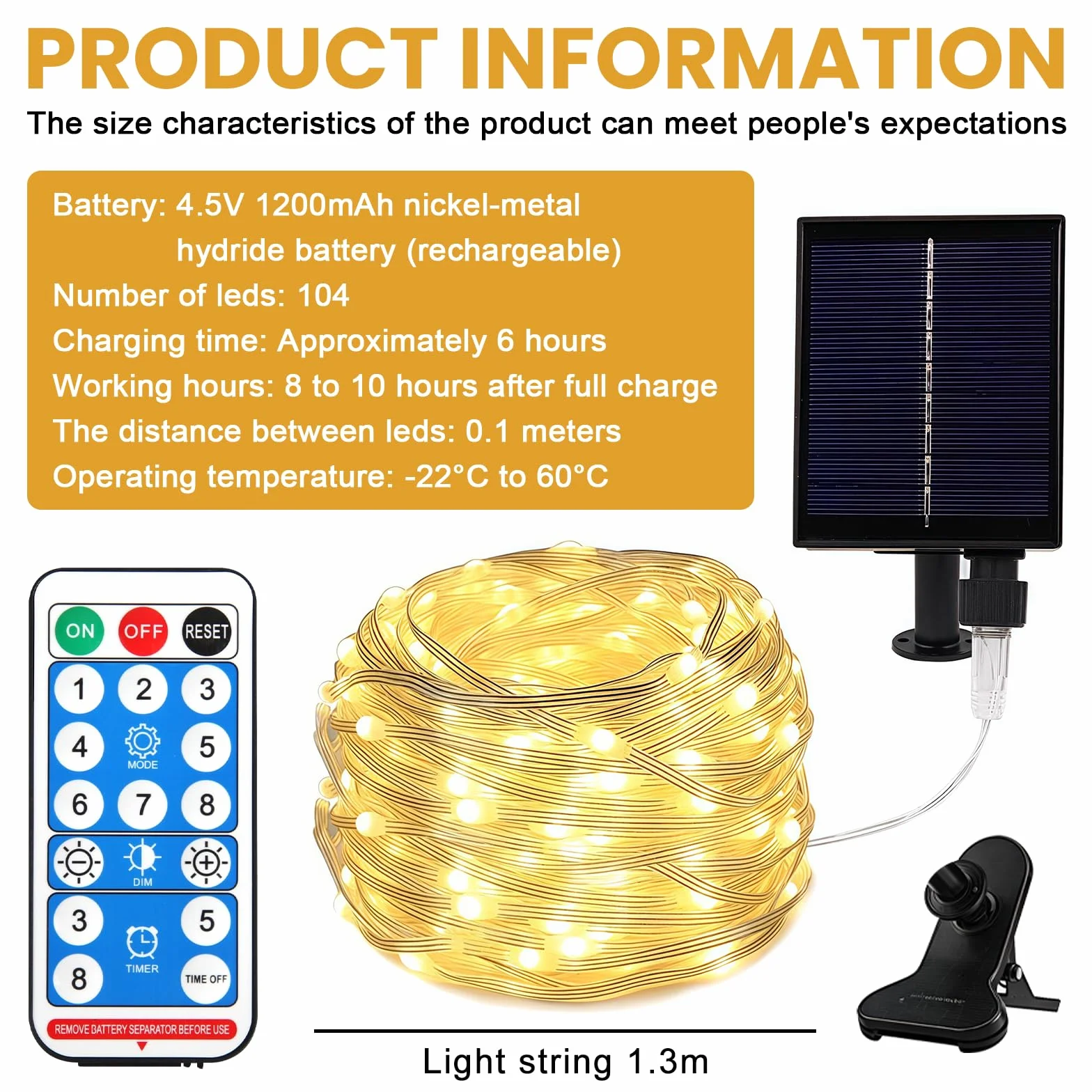 Catena di luci per ombrellone solare, illuminazione con telecomando, LED 8 modalità, 104 LED, luce, IP67, impermeabili da giardino, baldacchino