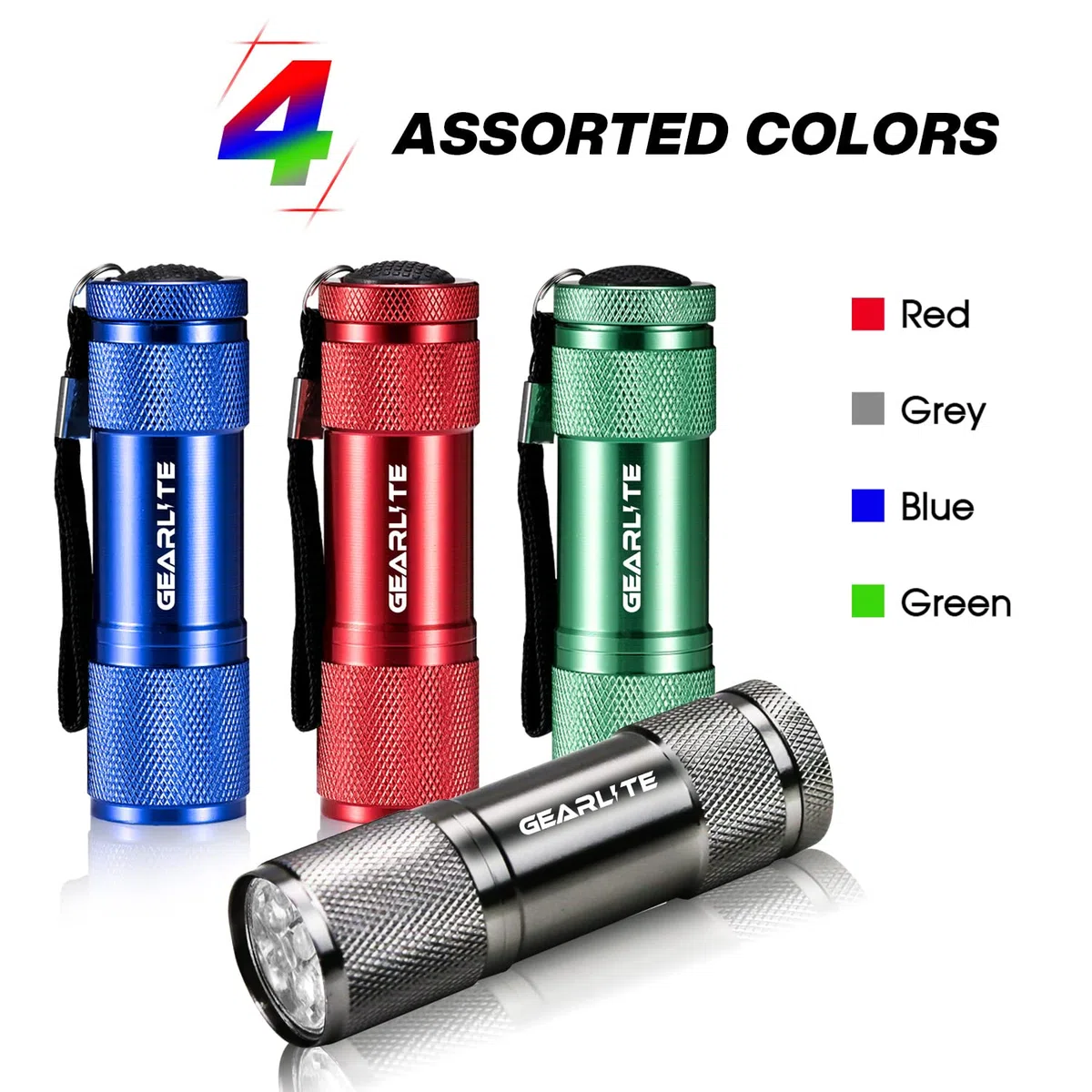 GEARLITE Mini Torcia LED, 4 Pack Alluminio Piccola Torcia Bambini con 12 Batterie AAA, IP65 Impermeabile Torce con Cordino per Campeggio Giovanile Trekking Outdoor