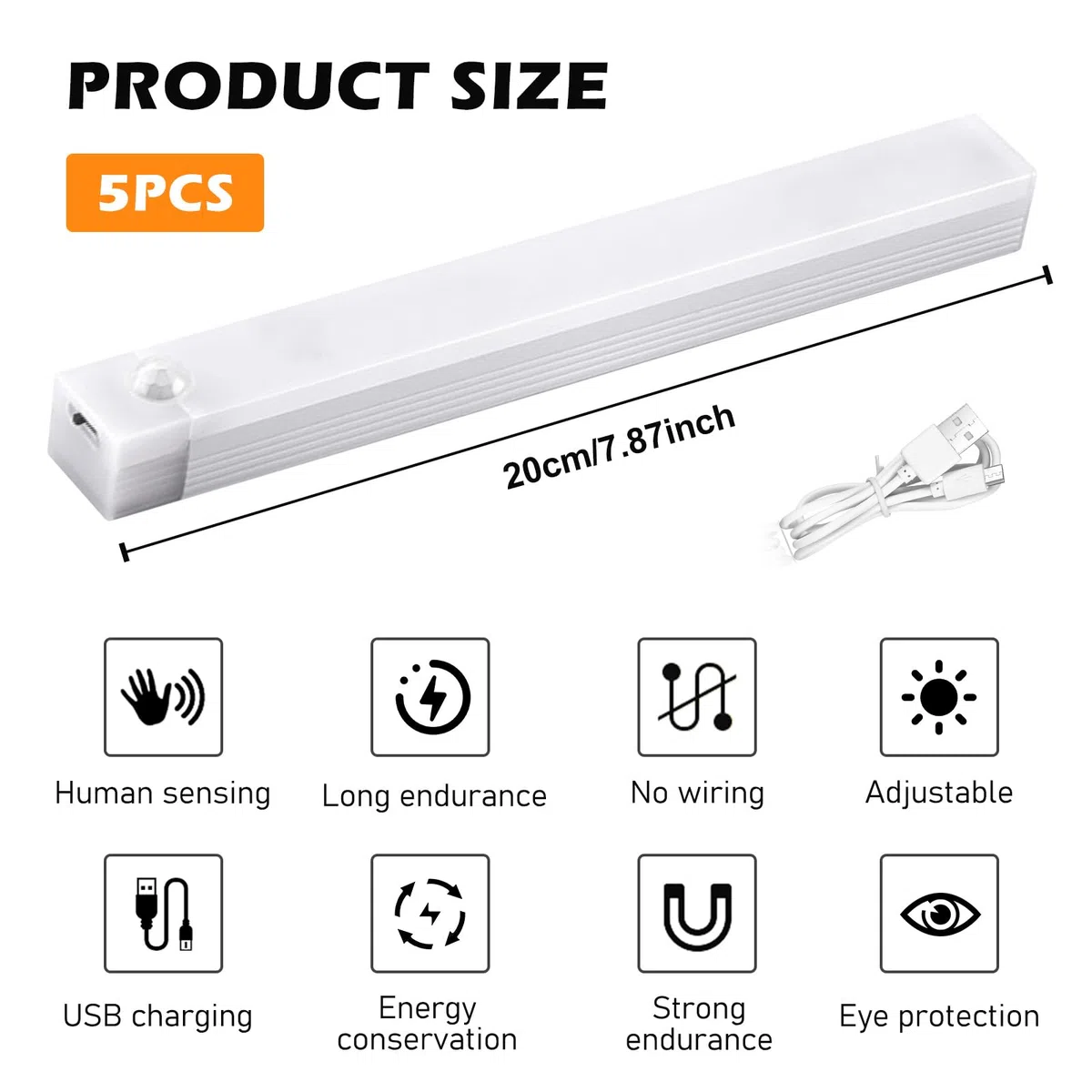 Lampada da incasso LED, 20 cm, 5 pezzi, senza fili, con sensore movimento, ricaricabile USB, 3 temperature colore, dimmerabile, cucina, armadio