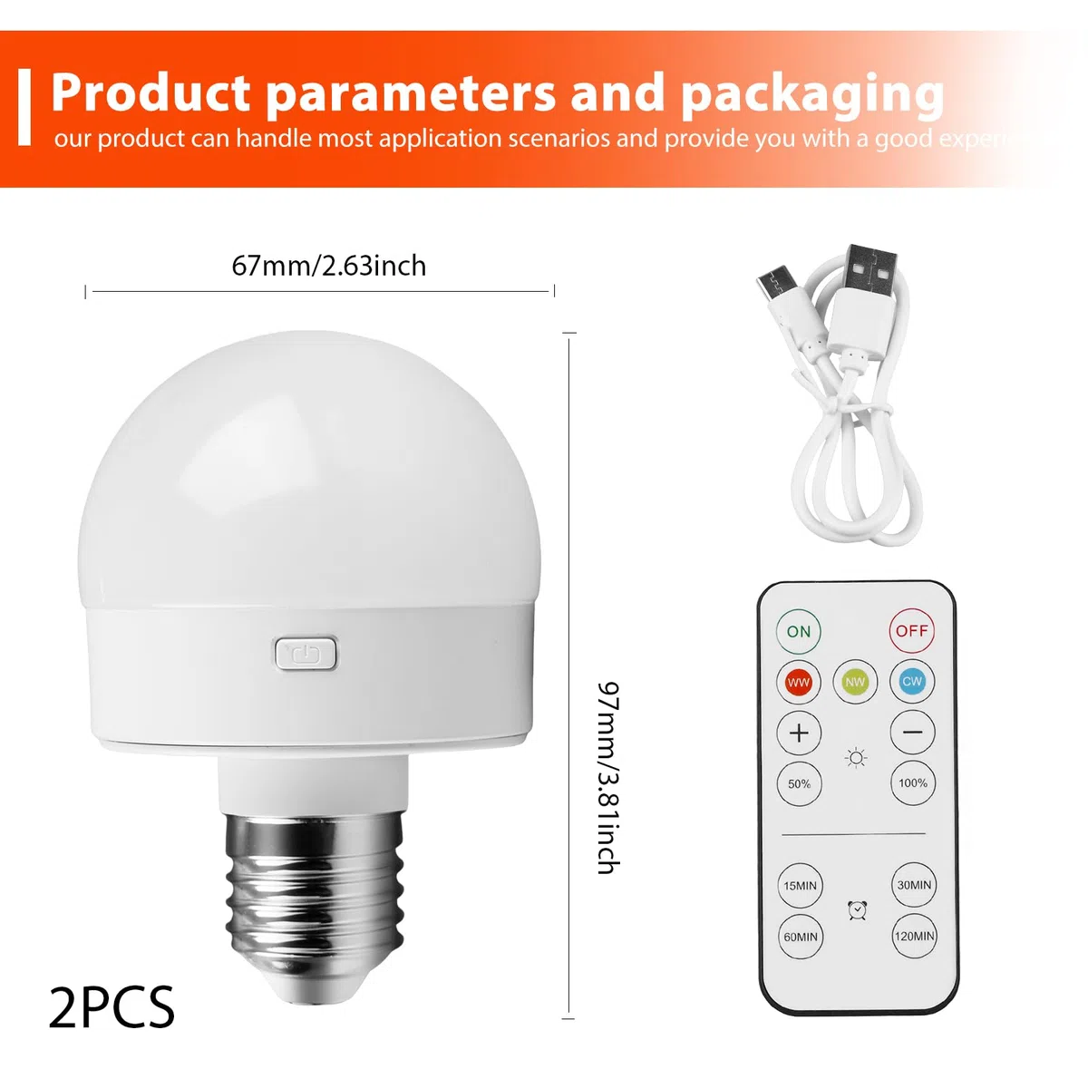 Vegena Lampadina Ricaricabile USB C,2 Pezzi 3 Colore E276/E27 Lampadina Ricaricabile USB-C Con Telecomando,Lampadina Con Batteria,Lampadina A Batteria Per Interni/Esterni,Campeggio