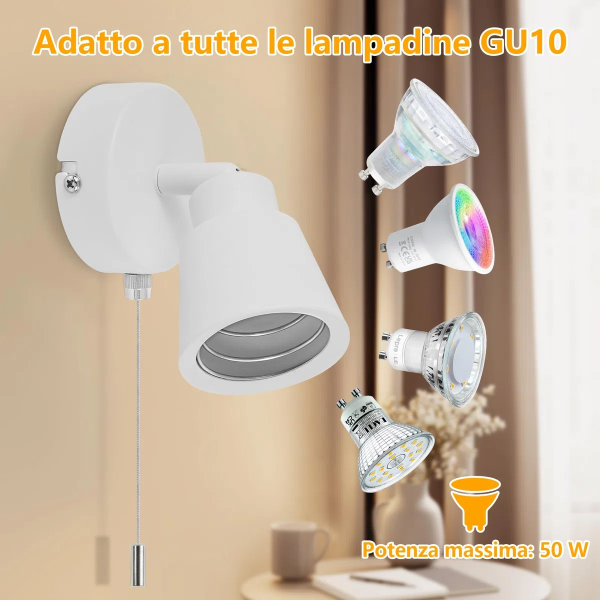 Bianco Lampada da Parete con Interruttore a Tirante GU10 - Moderna Lampada da Parete per Interni - Applique da Parete con Interruttore per Camera da Letto Soggiorno Cucina - Senza Lampadina