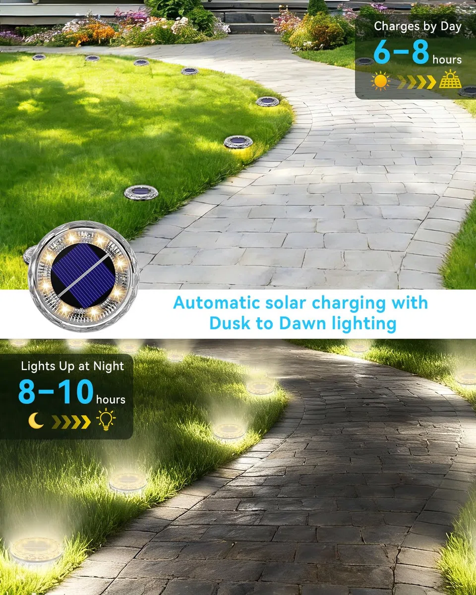 12 pezzi Luci Solari da Giardino, 8 LED Luci Solari da Incasso per Esterni Bianco Caldo 3000K, Lampade Solari da Terra IP65 Impermeabili, Luci Solari Esterno per Prato, Vialetto, Cortile