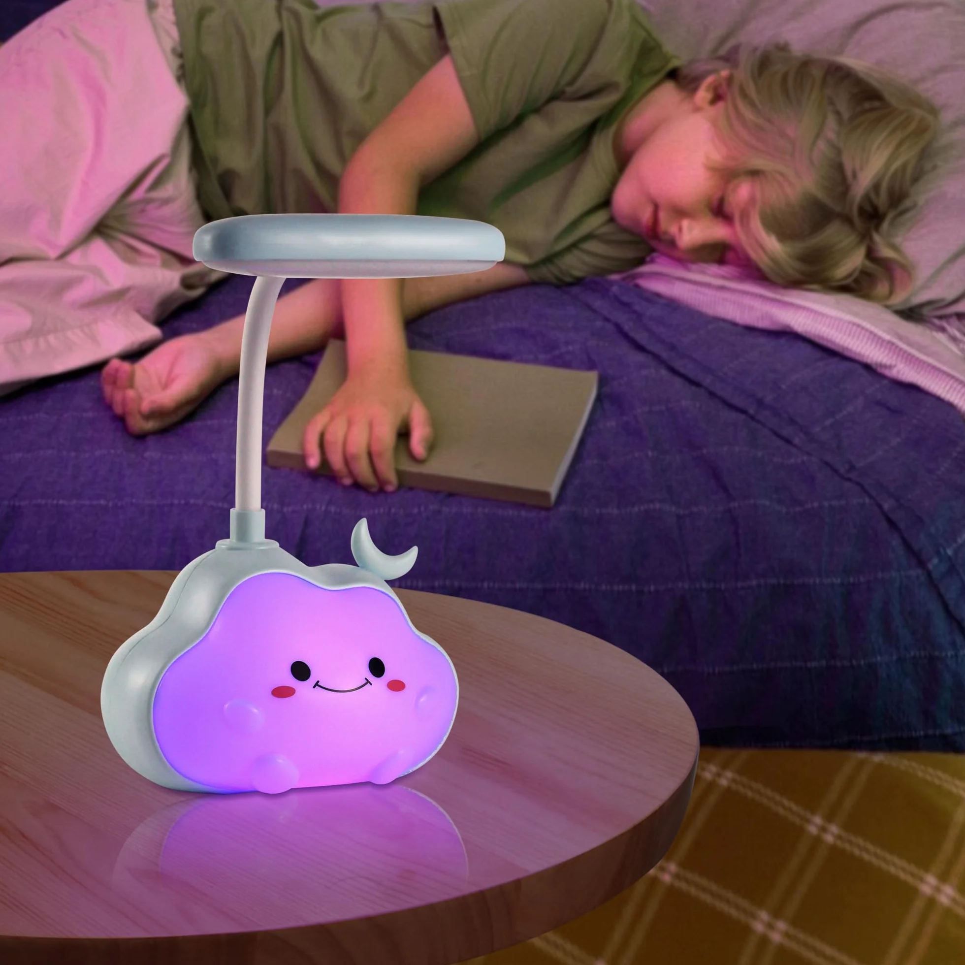 Wetry Luce Notturna Nuvola Lampada da Scrivania per Bambini, Ricaricabile, con Luce Multicolore, Braccio Flessibile (Luna Blu)