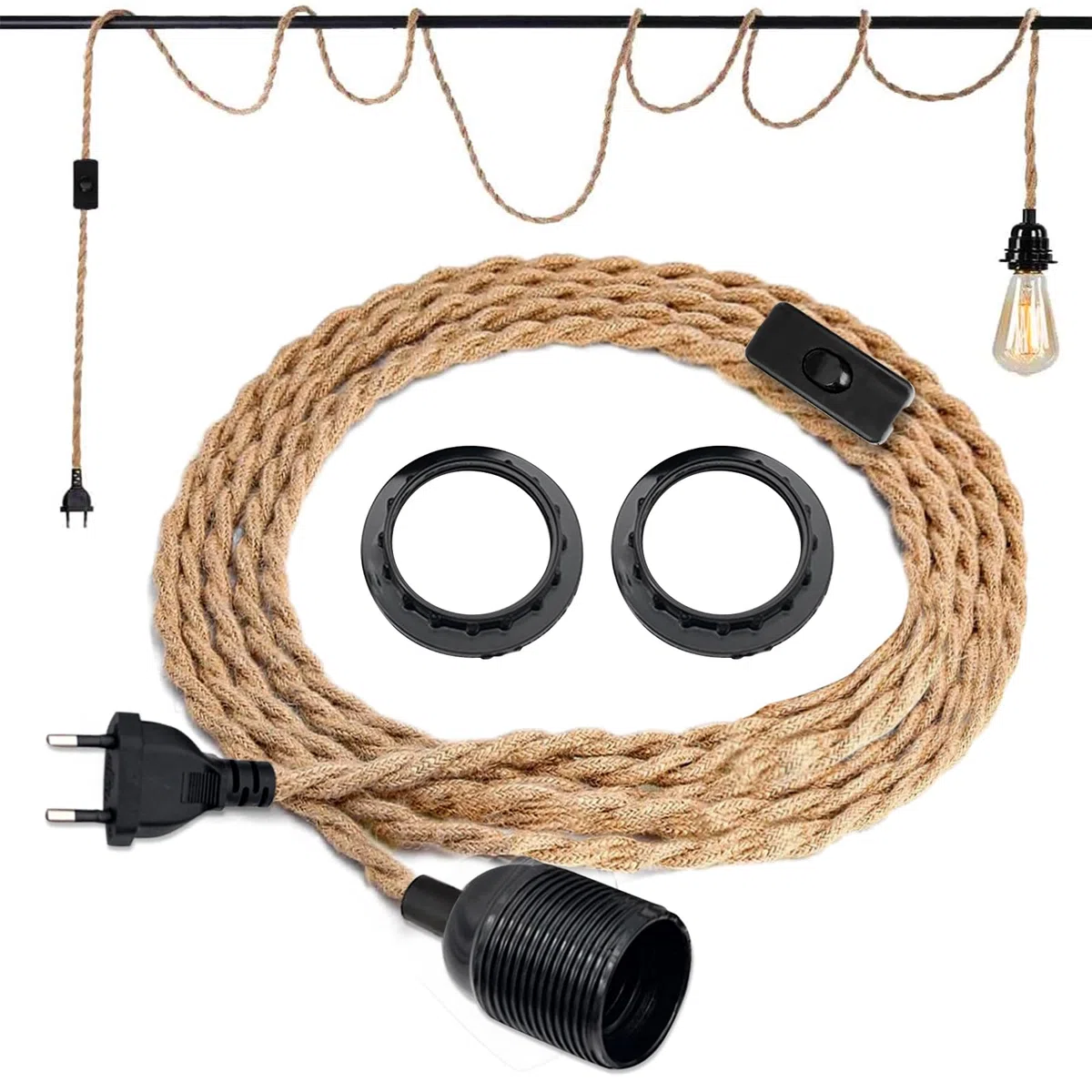 BYZESTY Hanging Kit di Lampade In Corda di Canapa, 3 m Portalampada E27 con Spina E Interruttore, Testa Singola Lampada a Sospensione Cavo Edison Retrò Lampada per DIY Portalampade a Decor
